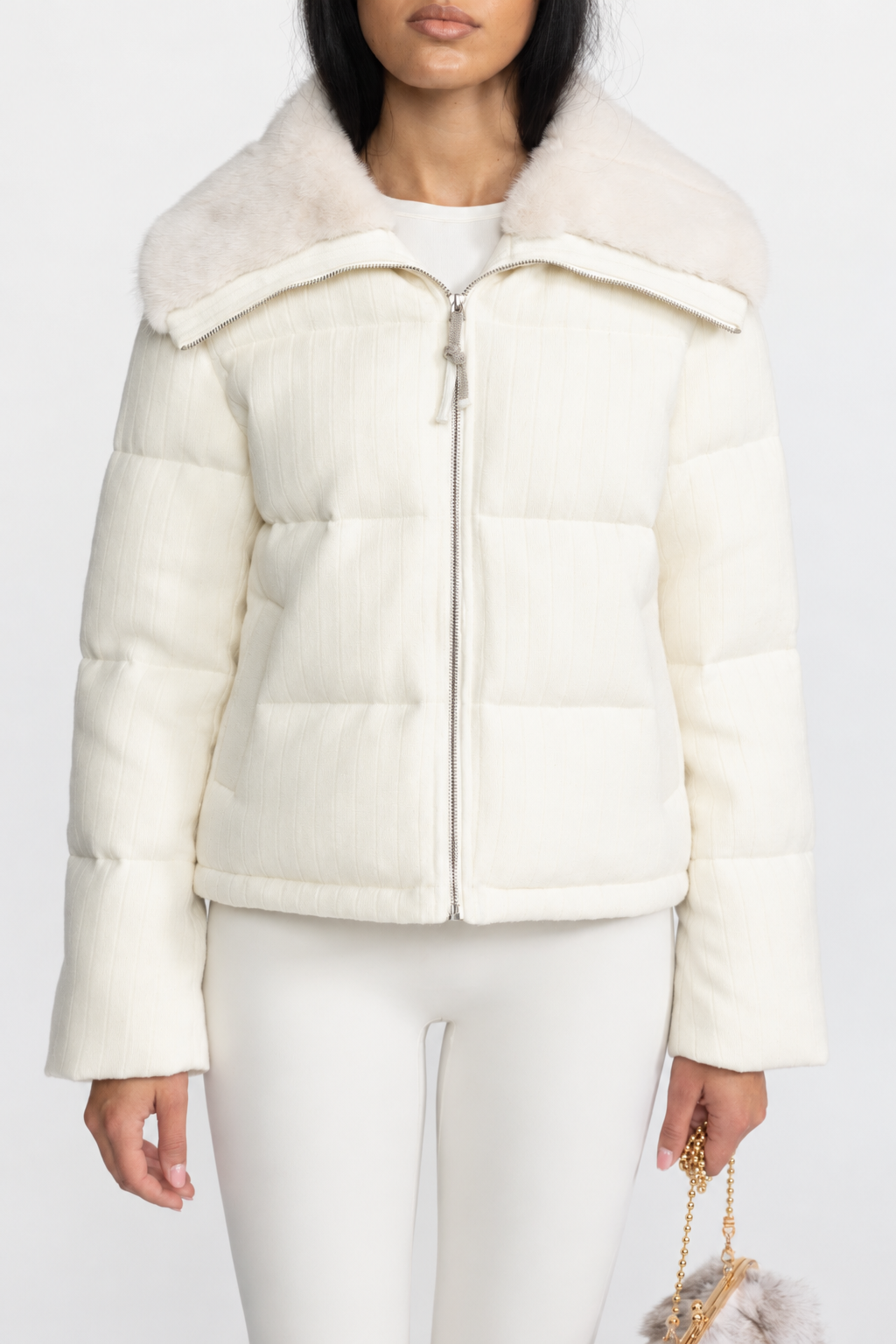 Ribbed Cashmere Down Puffer Jacket with Mink Fur Collar - Ivoire