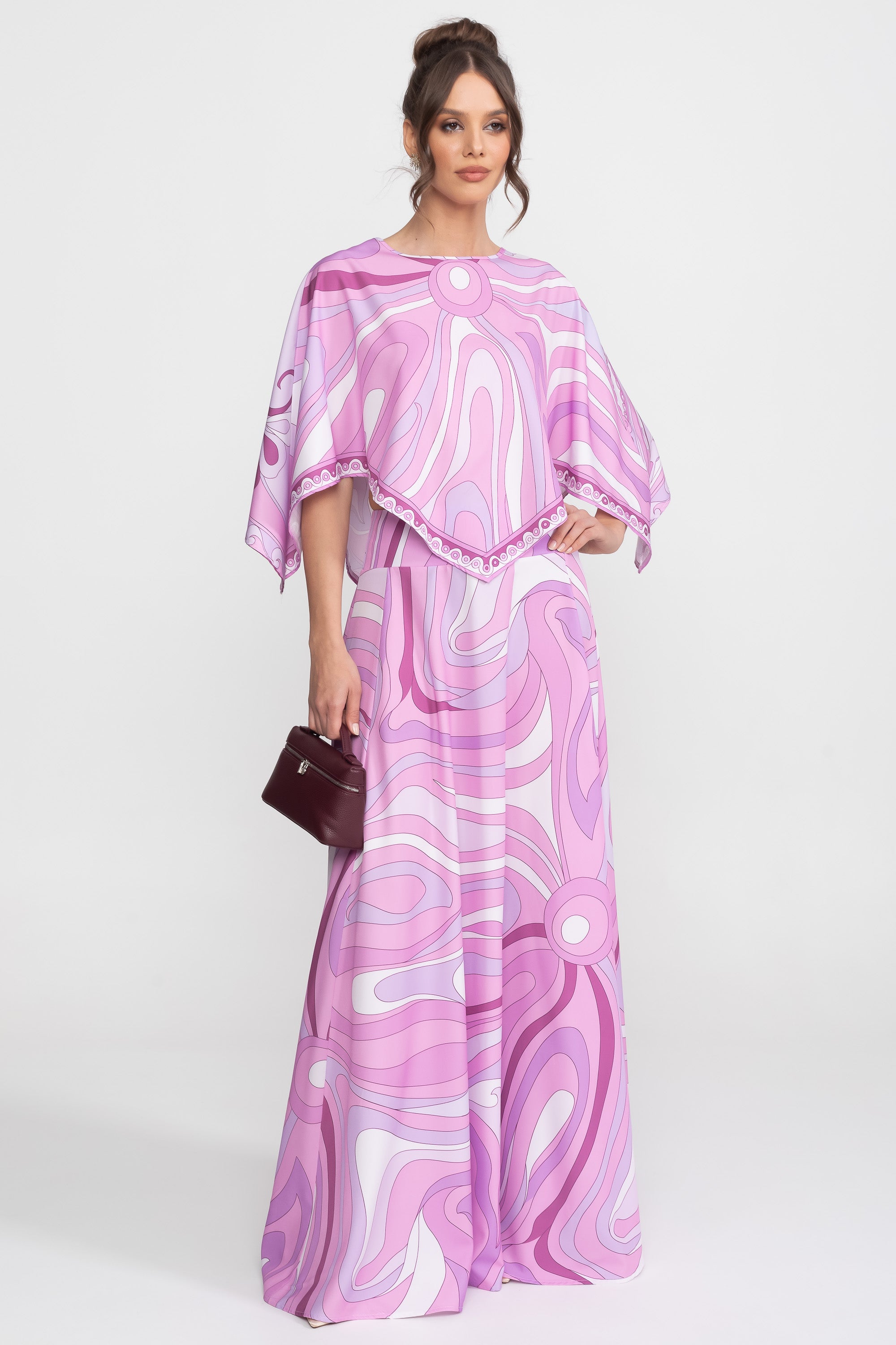 Printed Cape Top And Maxi Skirt Co-Ord Set - Pink