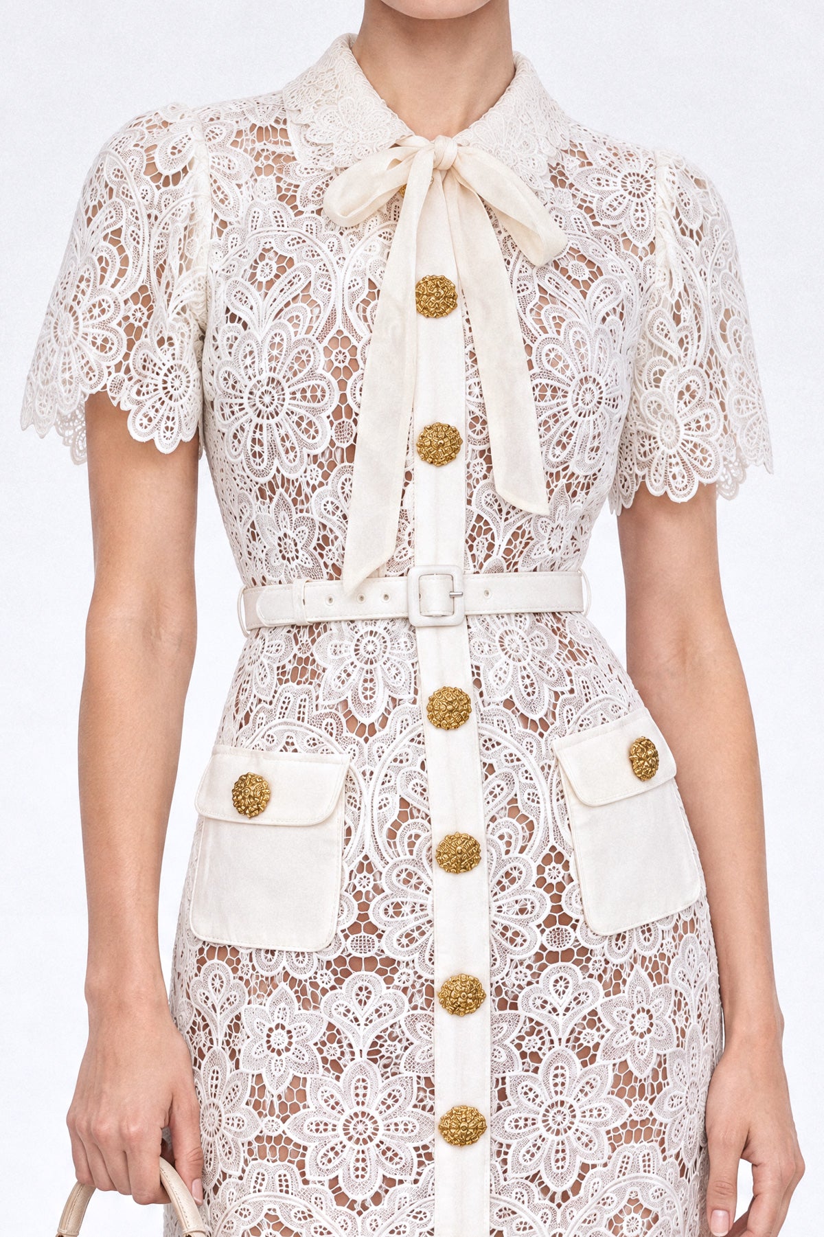 Guipure Lace Shirt Midi Dress with Gold Buttons - Ivoire