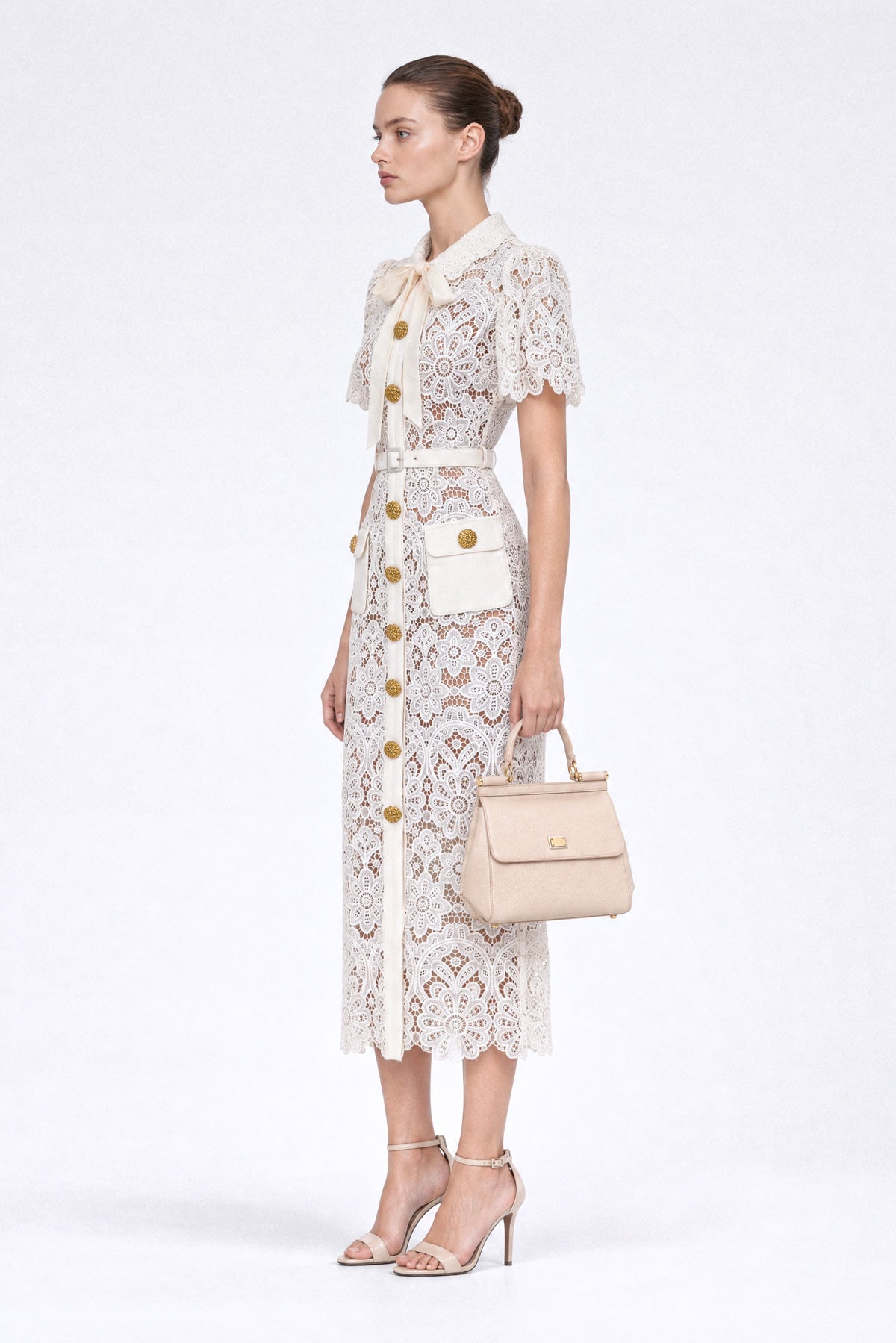 Guipure Lace Shirt Midi Dress with Gold Buttons - Ivoire
