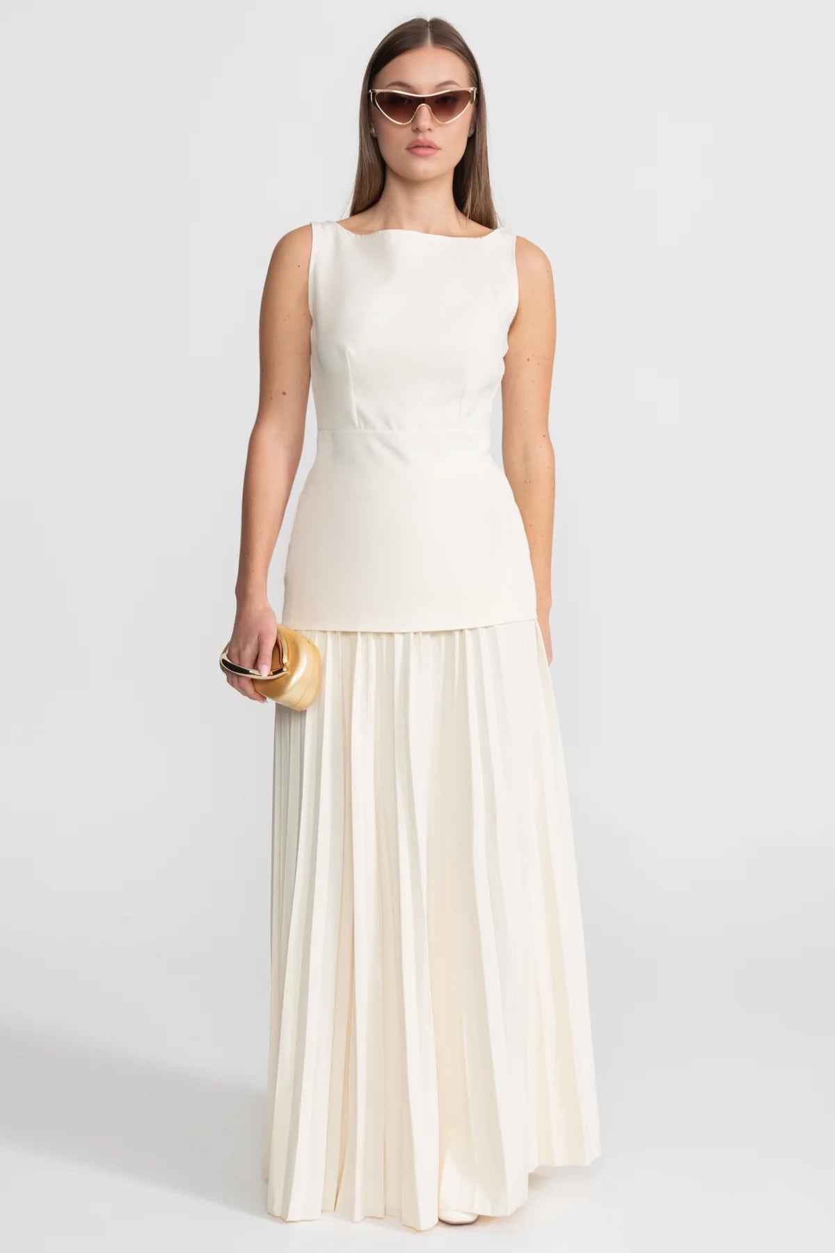 Sleeveless Maxi Co-Ord With Tailored Bodice And Pleated Skirt - Ivoire