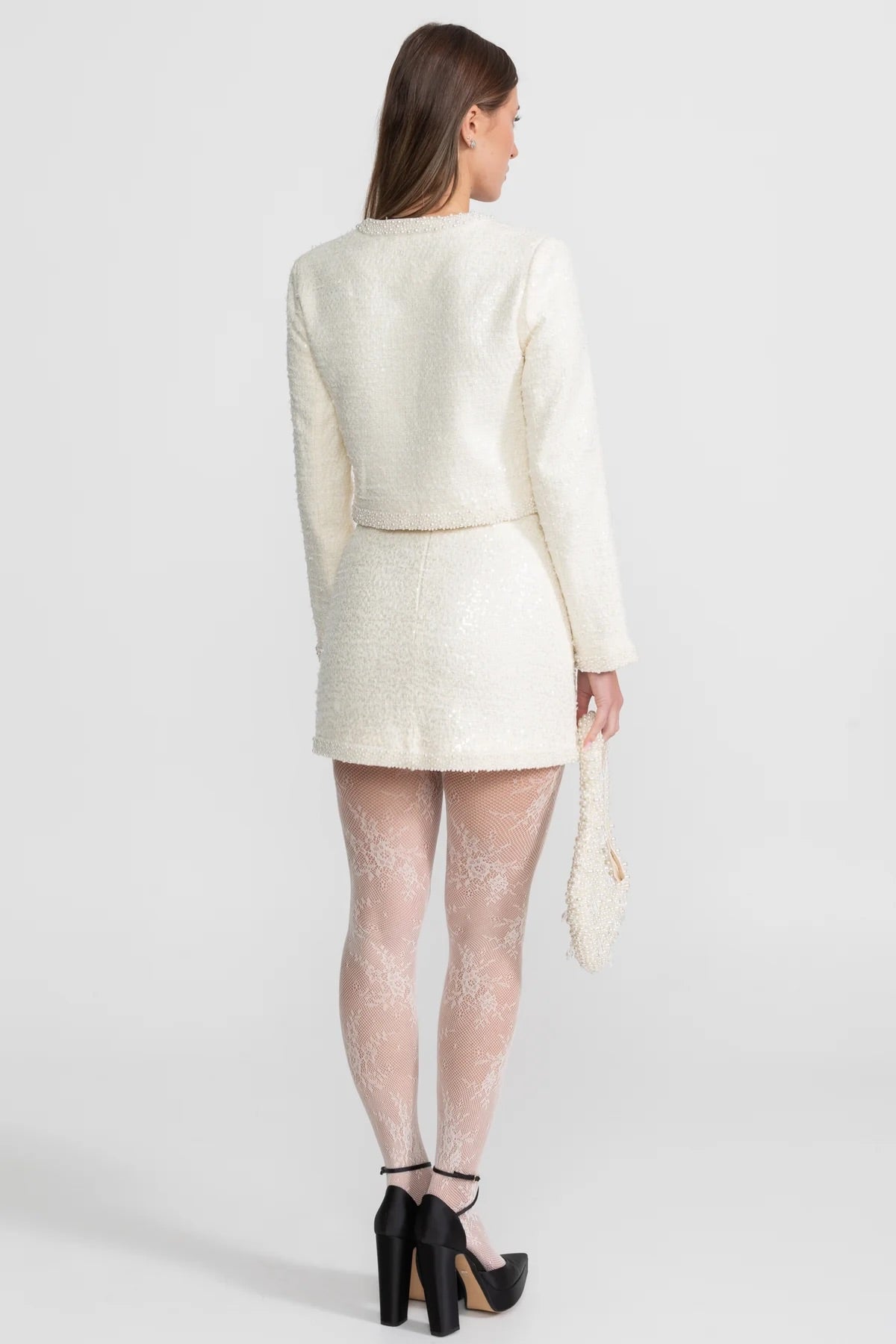 تنورة ميني من التويد بحواف مزينة بالخرز وطرف - Ivoire