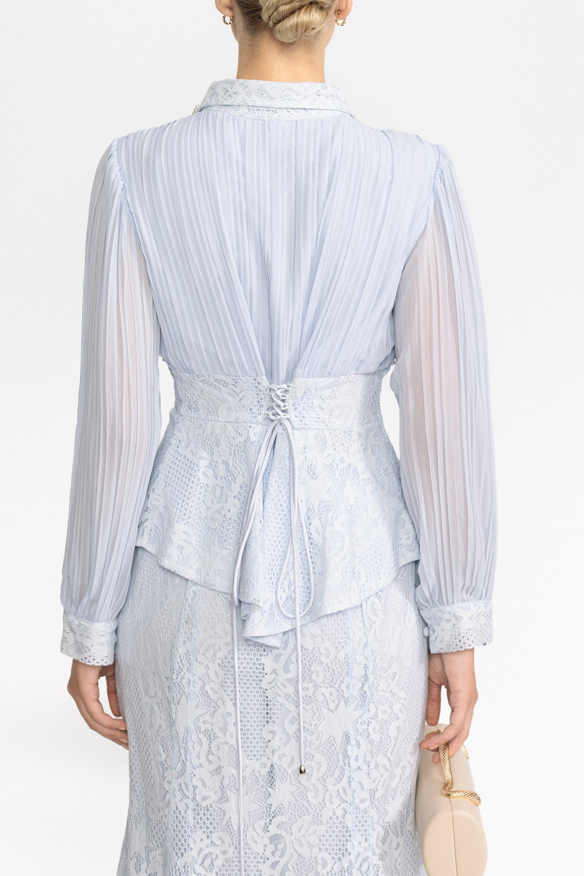 Pleated Chiffon Lace Peplum Blouse and Maxi Skirt Set - Light Blue