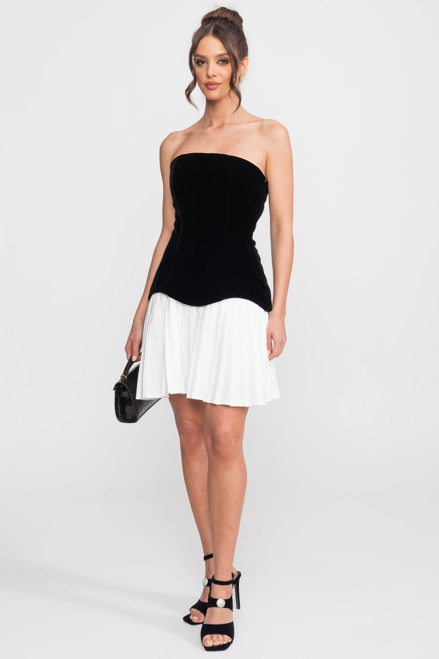 Strapless Velvet Mini Dress With Contrast Pleated Skirt - Black