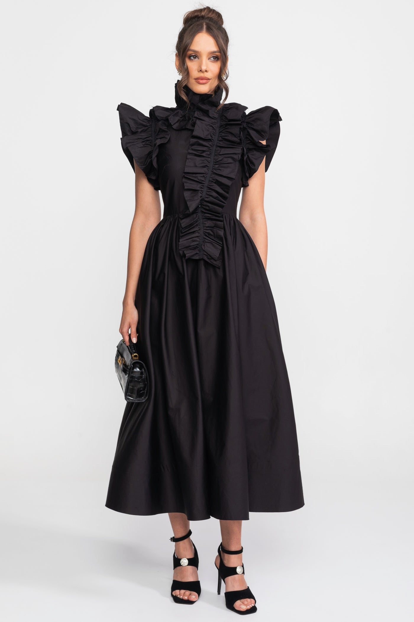 High-Neck Maxi Dress With Dramatic Ruffle Bib Front - Black