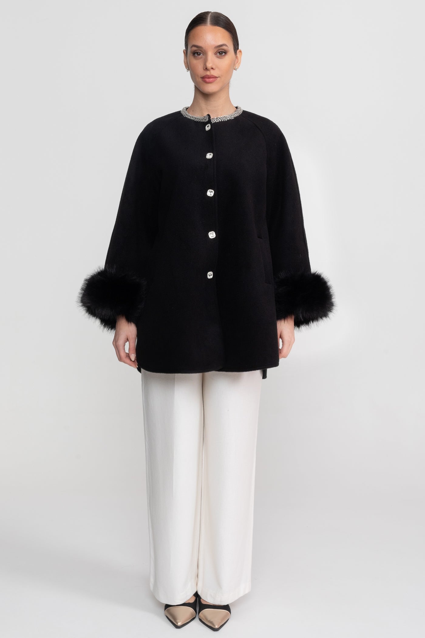 Longline Coat With Pearl Embellished Neckline And Fur Cuffs - Black