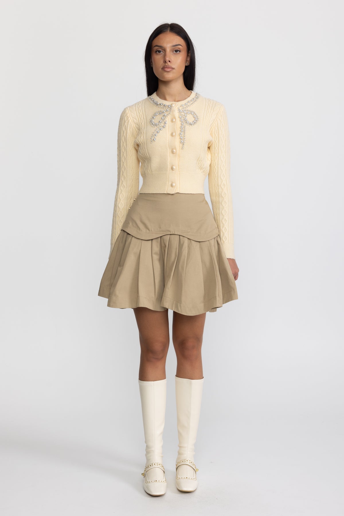 Pearl Bow Embellished Cable Knit Cardigan - Yellow