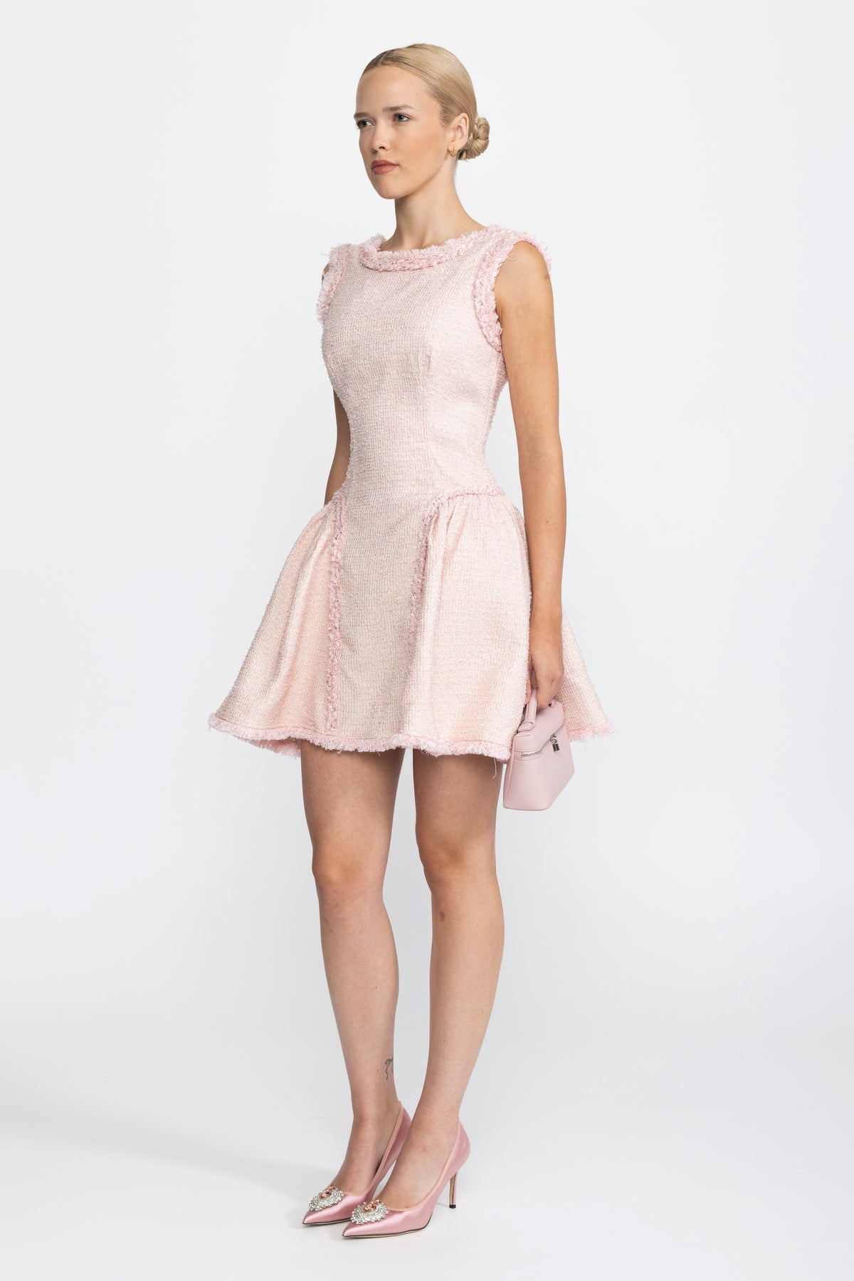 Frayed Trim Tweed Sculpted Mini Dress - Pink