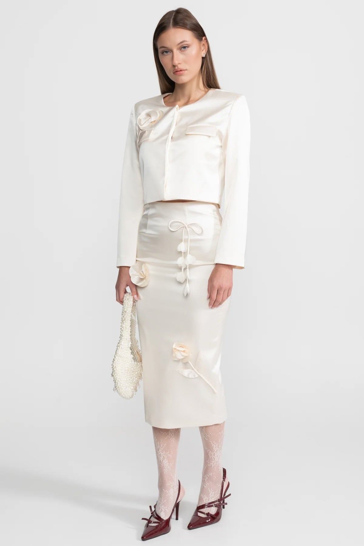 Taffeta Pencil Skirt with Bow and Floral Details - Ivoire