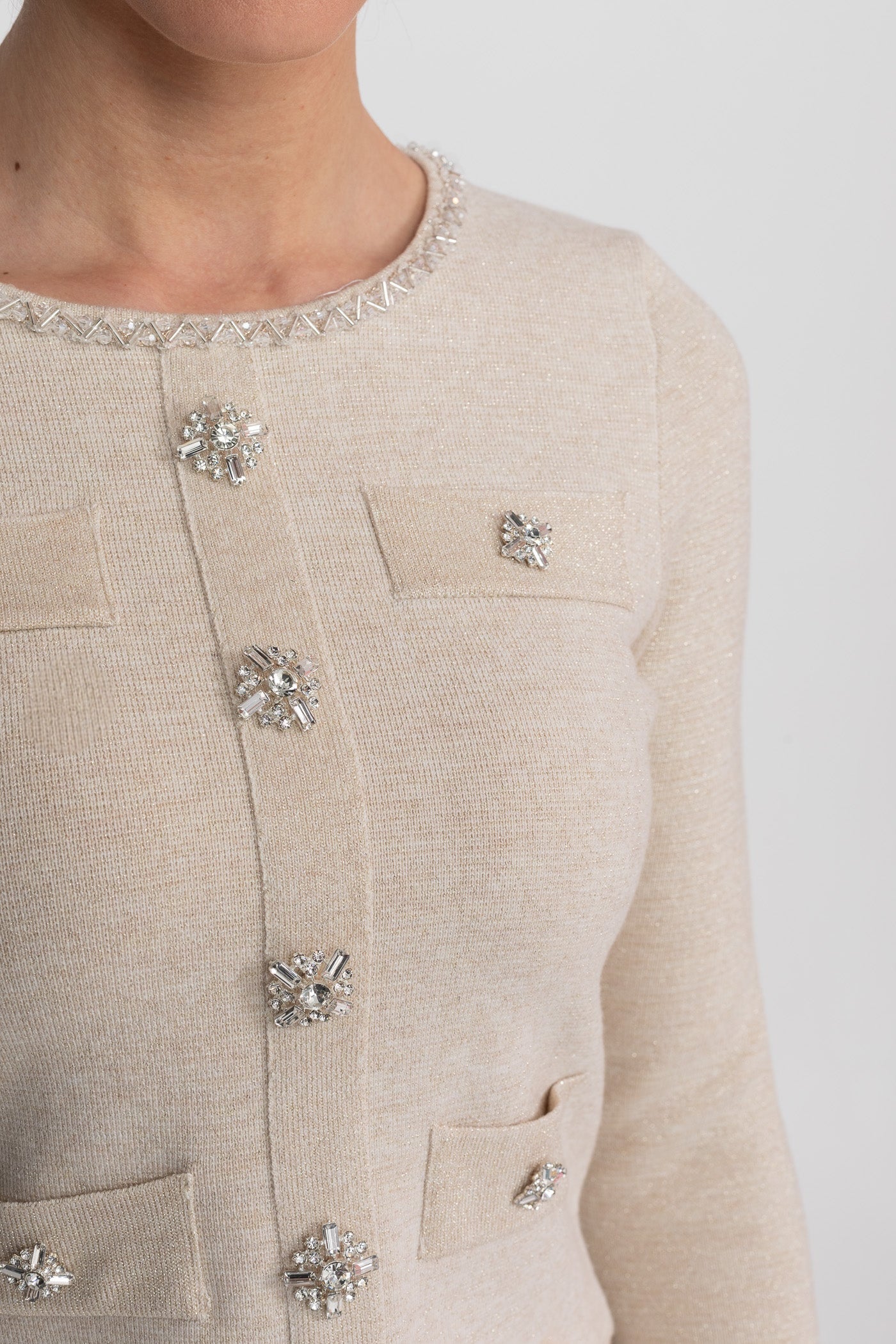 Long Sleeve Knit Co-Ord Set With Sparkling Embellishments - Beige