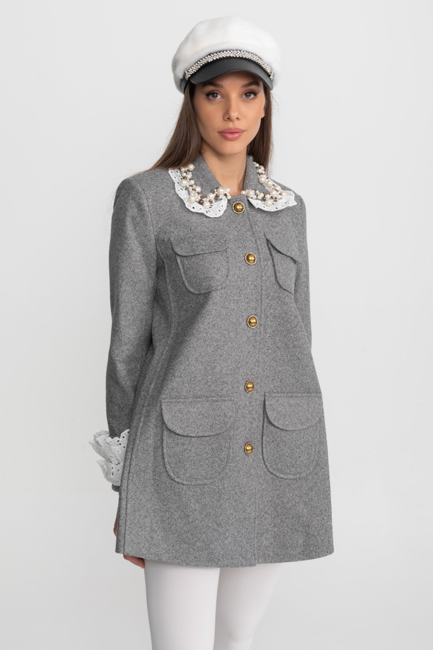 Mini Coat with Pearl-Embellished Lace Collar – Grey
