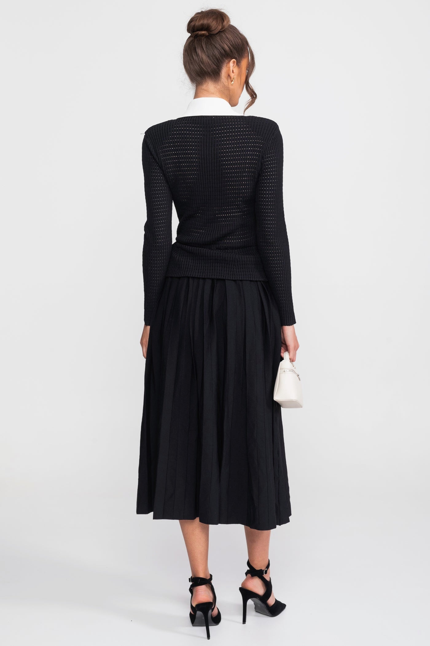 Open-Knit Dress with Pleated Midi Skirt - Black