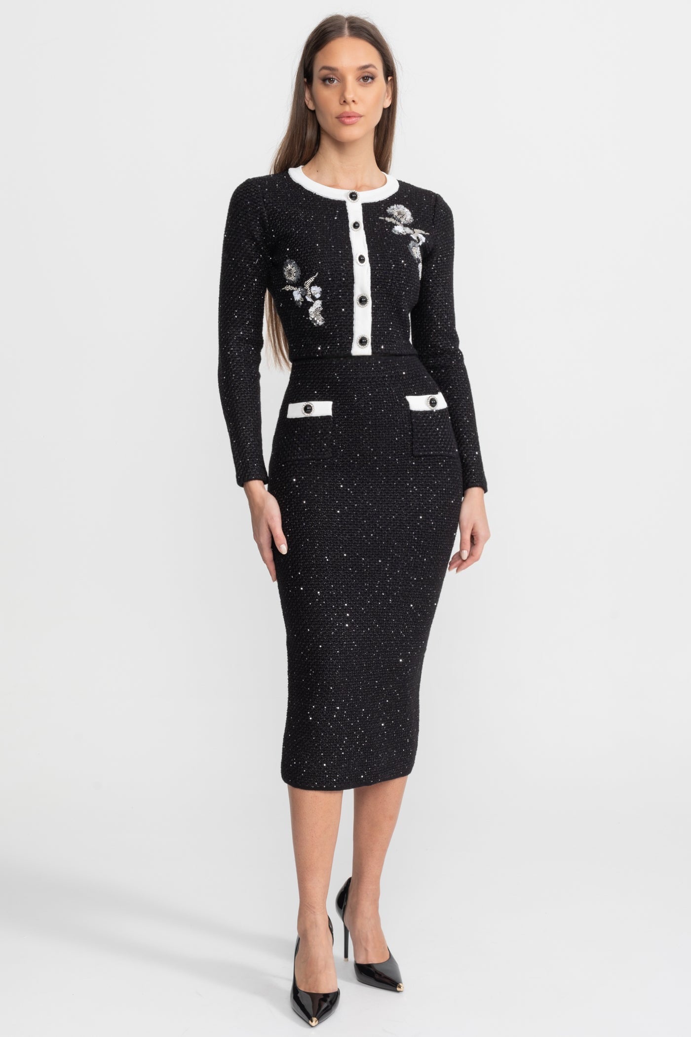 Embroidered Tweed Knit Co-Ord Set with Contrast Trim – Black