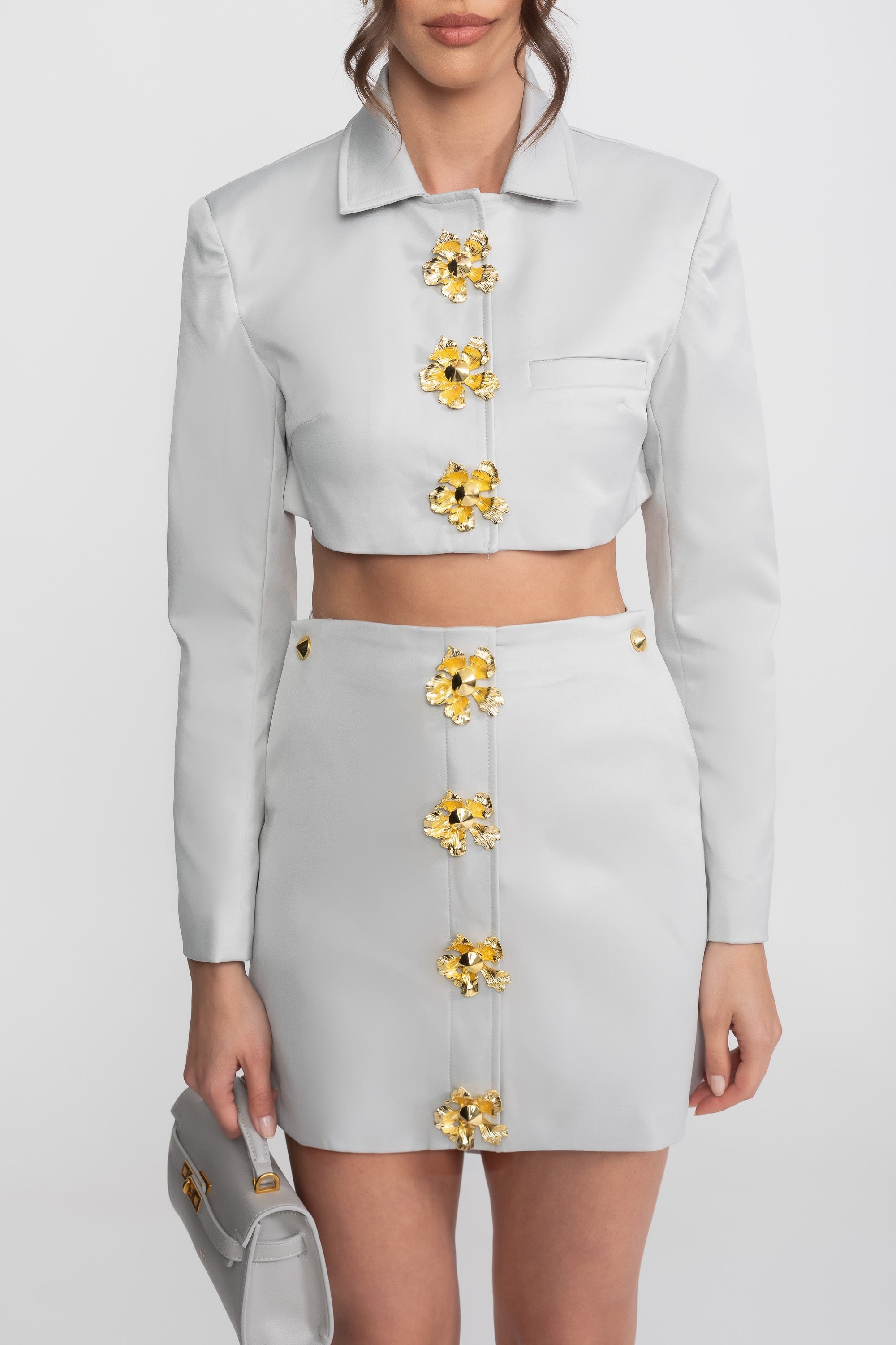 Cropped Jacket And Mini Skirt Co-Ord Set With 3D Floral Buttons - Light Gray