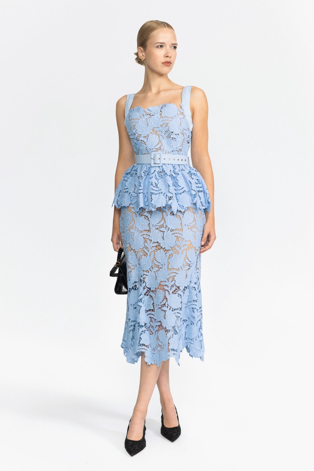 Guipure Lace Peplum Midi Dress - Light Blue