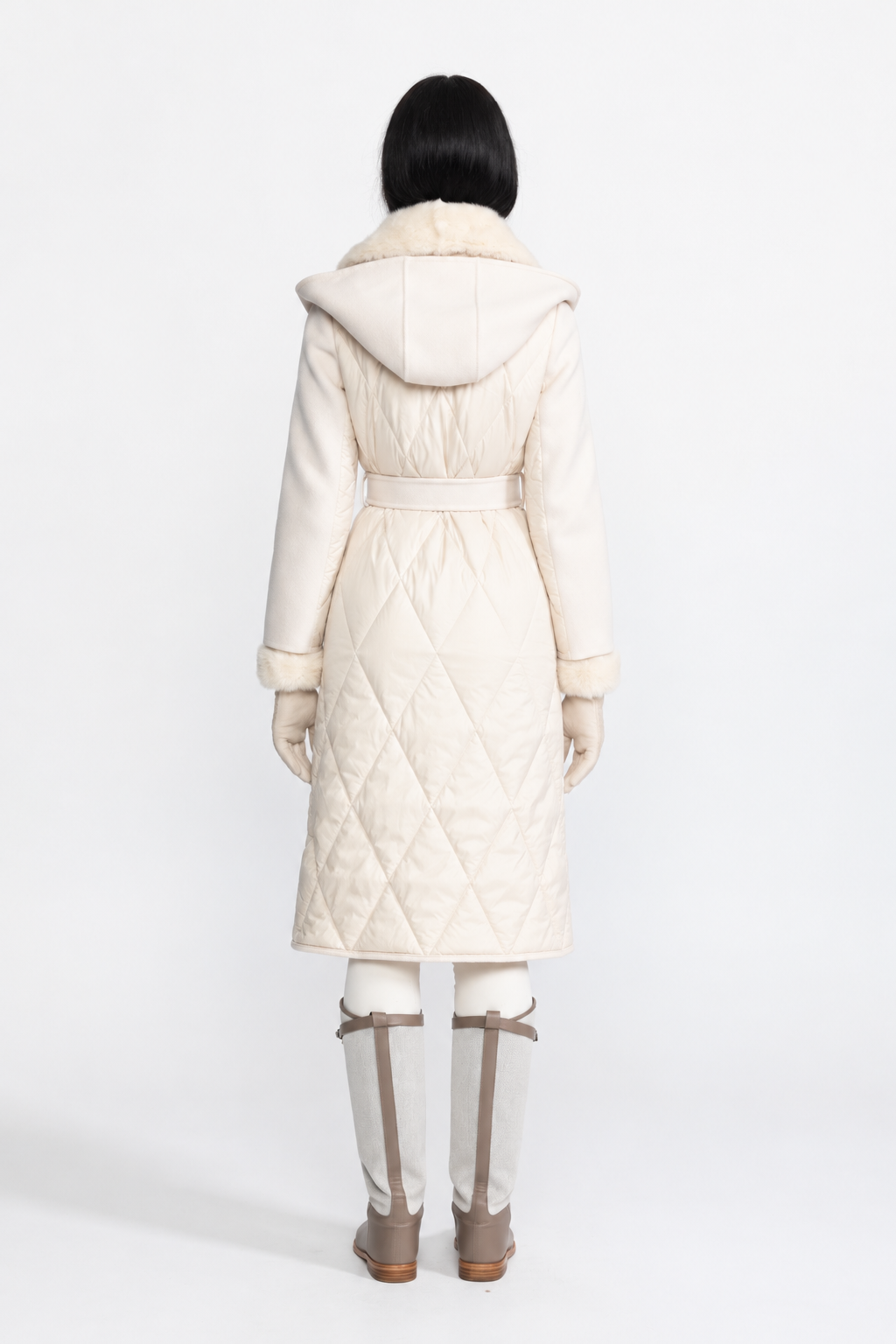 Quilted Back Hooded Wool Wrap Coat with Mink Fur - Ivoire