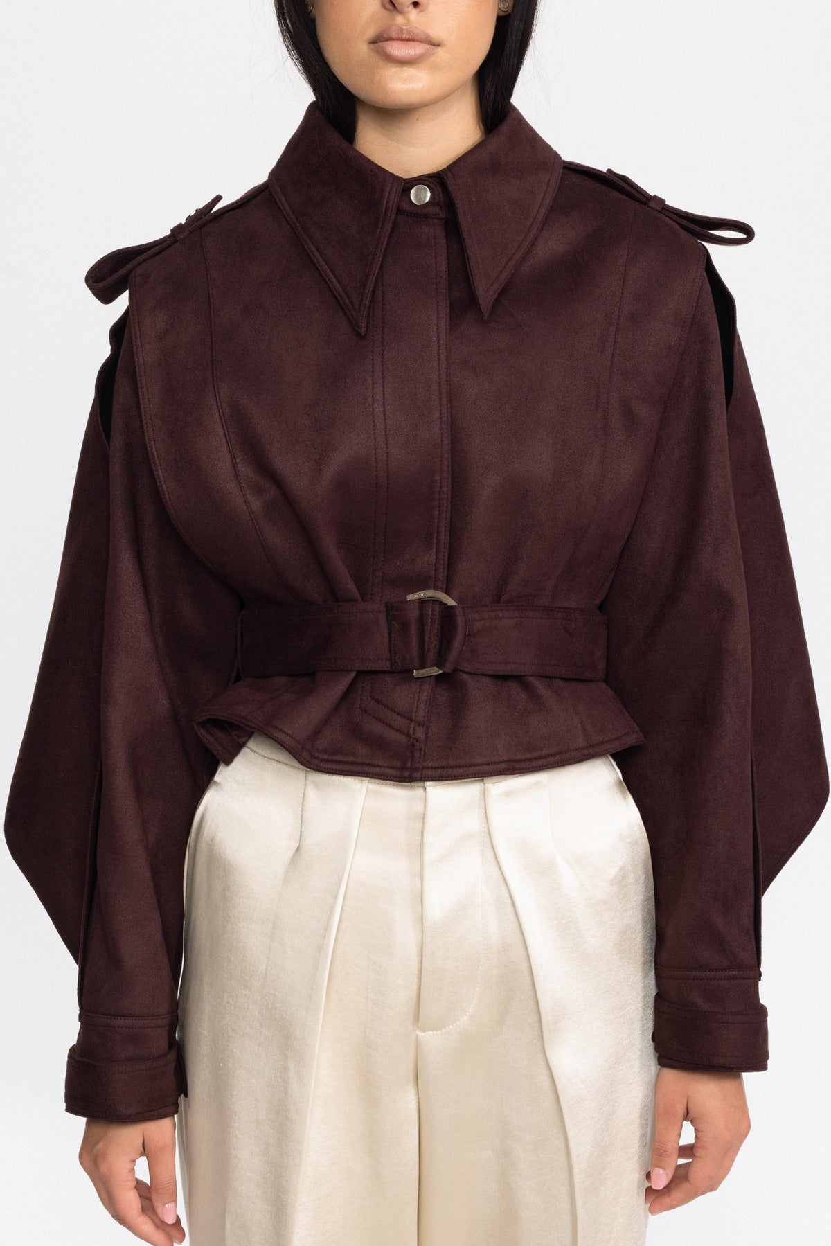 Suede Belted Cape Jacket - Burgundy