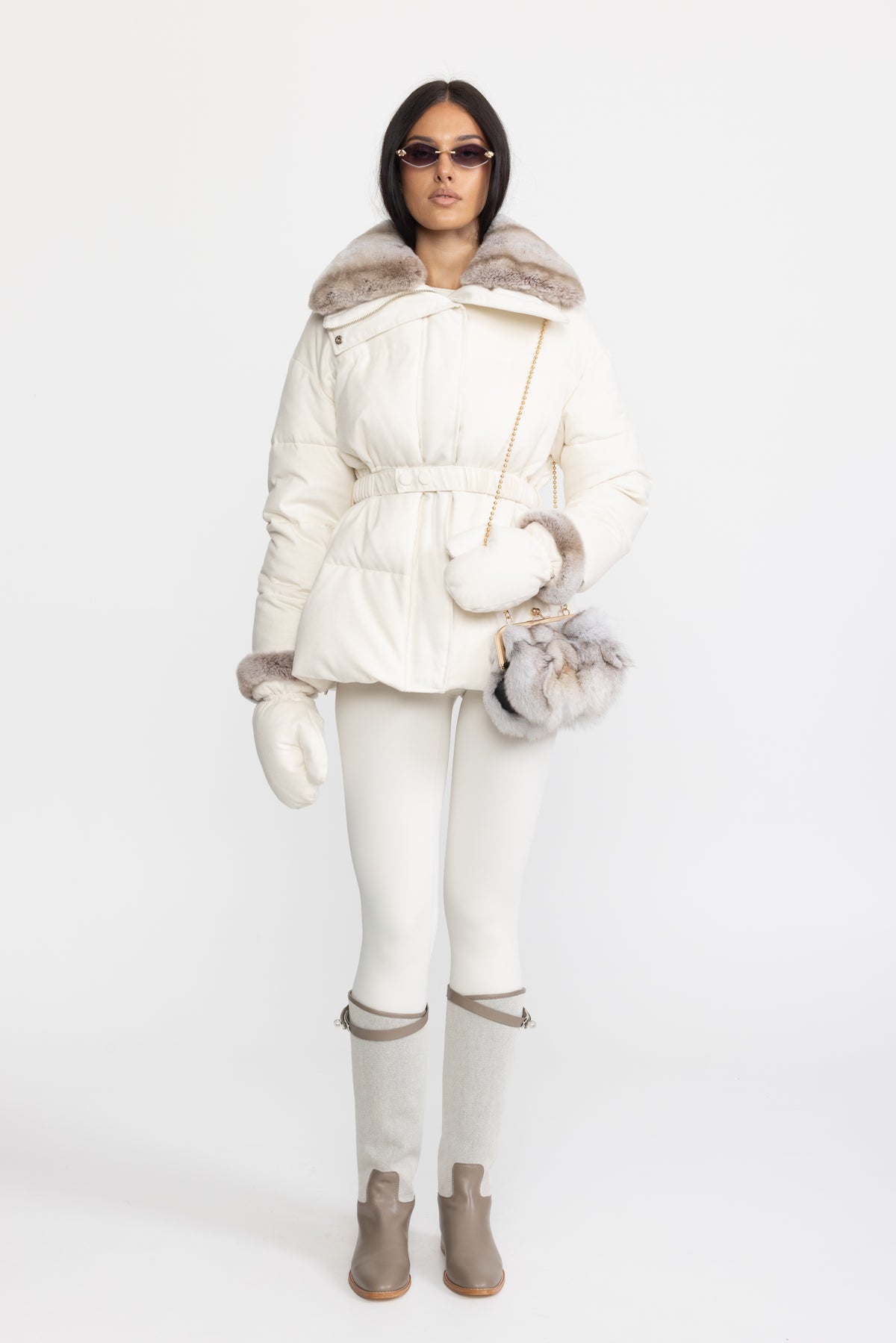 Rex Rabbit Fur Collar Cotton-Silk Down Jacket - Ivoire