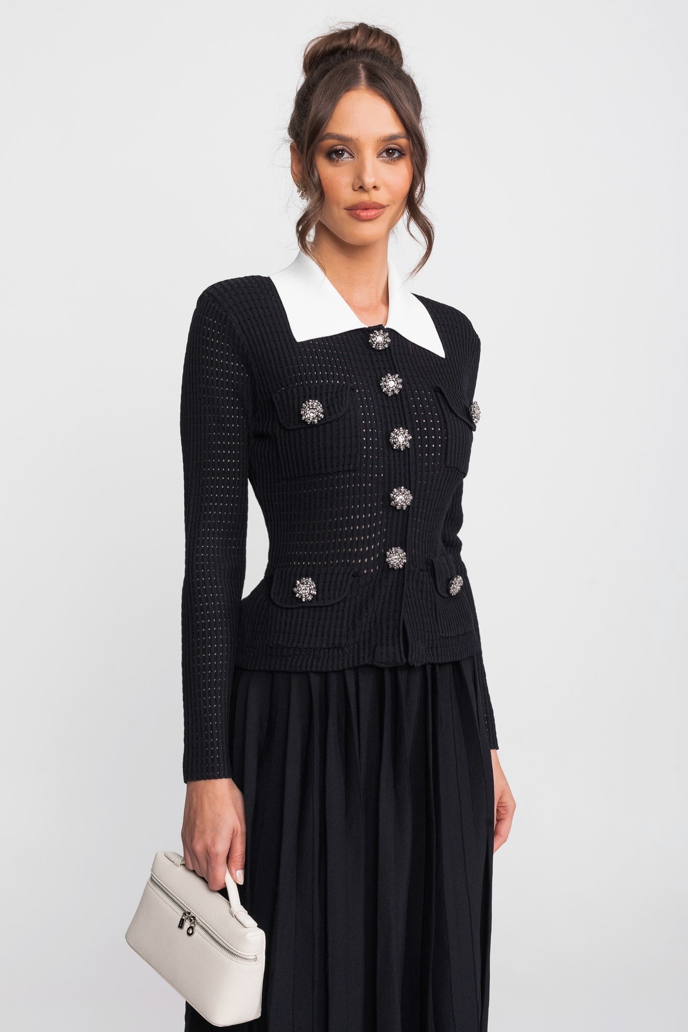 Open-Knit Dress with Pleated Midi Skirt - Black