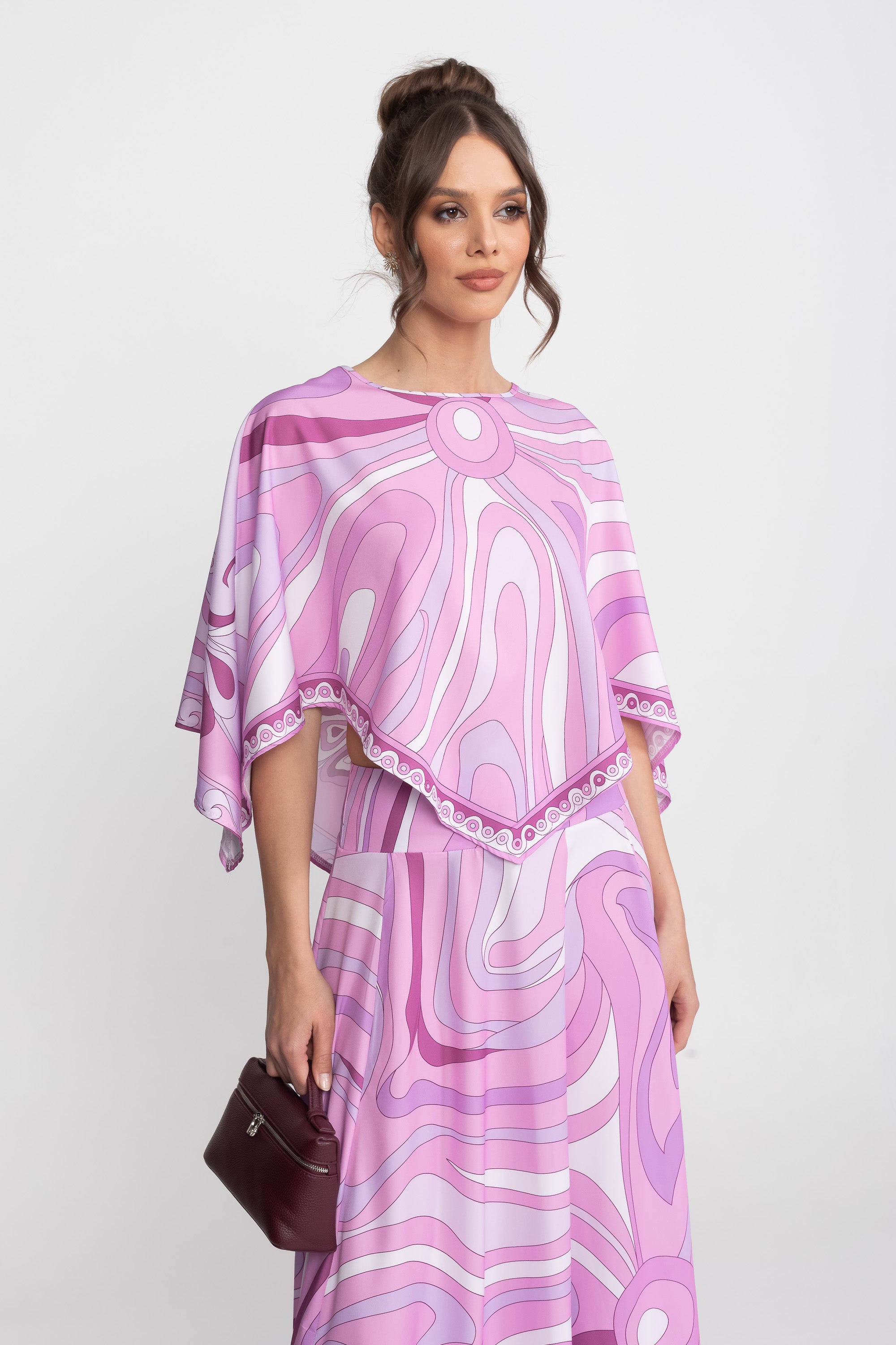 Printed Cape Top And Maxi Skirt Co-Ord Set - Pink
