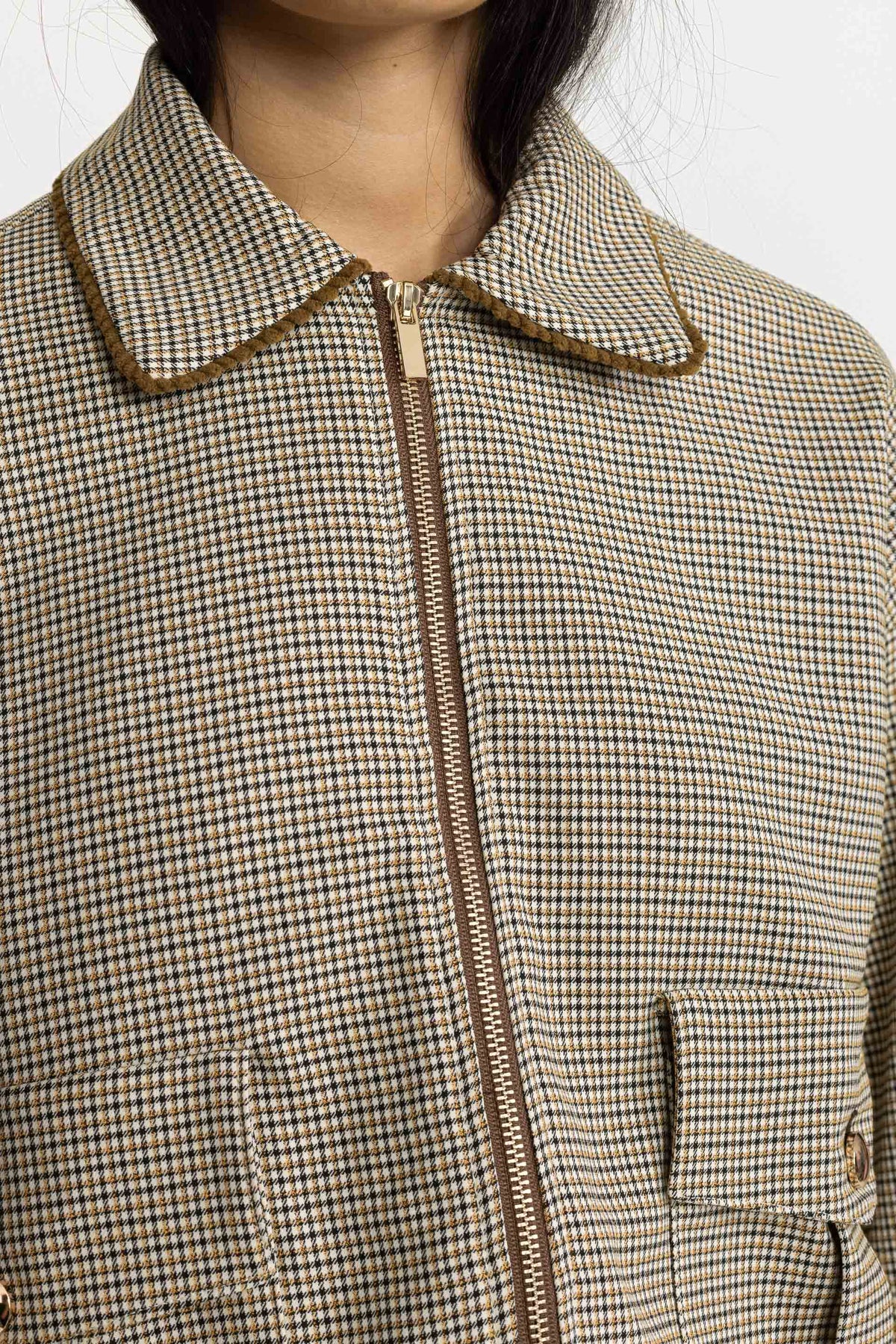 Houndstooth Bomber Jacket and Pleated Mini Skirt Set - Beige