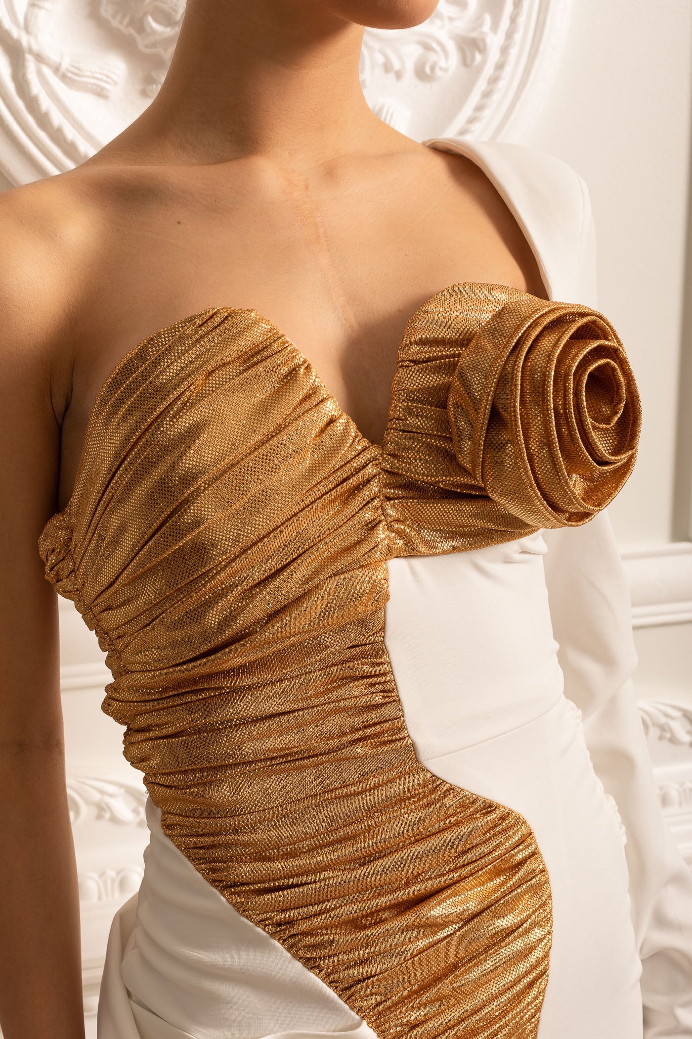 Asymmetrical Gown With Ruched Gold Details - White