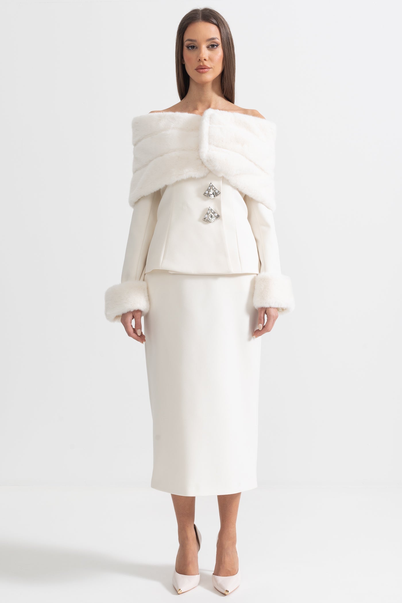 Two-Piece Ensemble With Faux Fur Shawl, Cuffs And Midi Skirt - White