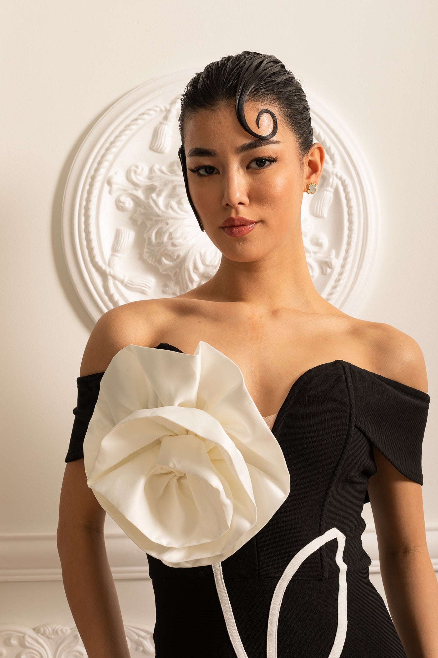 Off Shoulder Mini Dress With Large White Flower Applique - Black