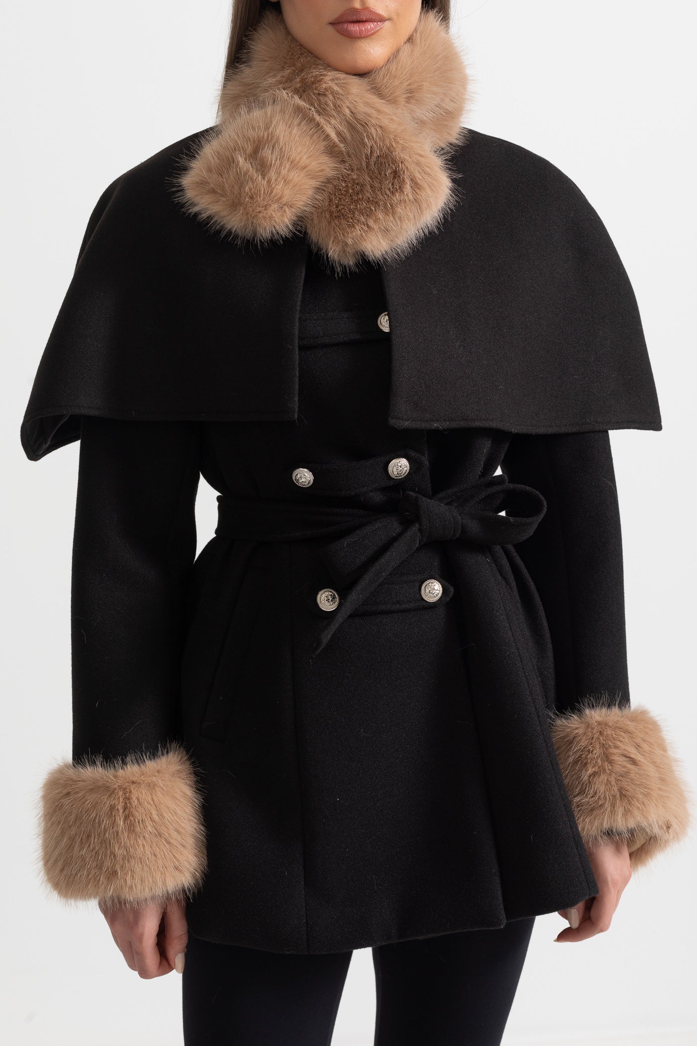 Double-Breasted Coat With Detachable Cape - Black