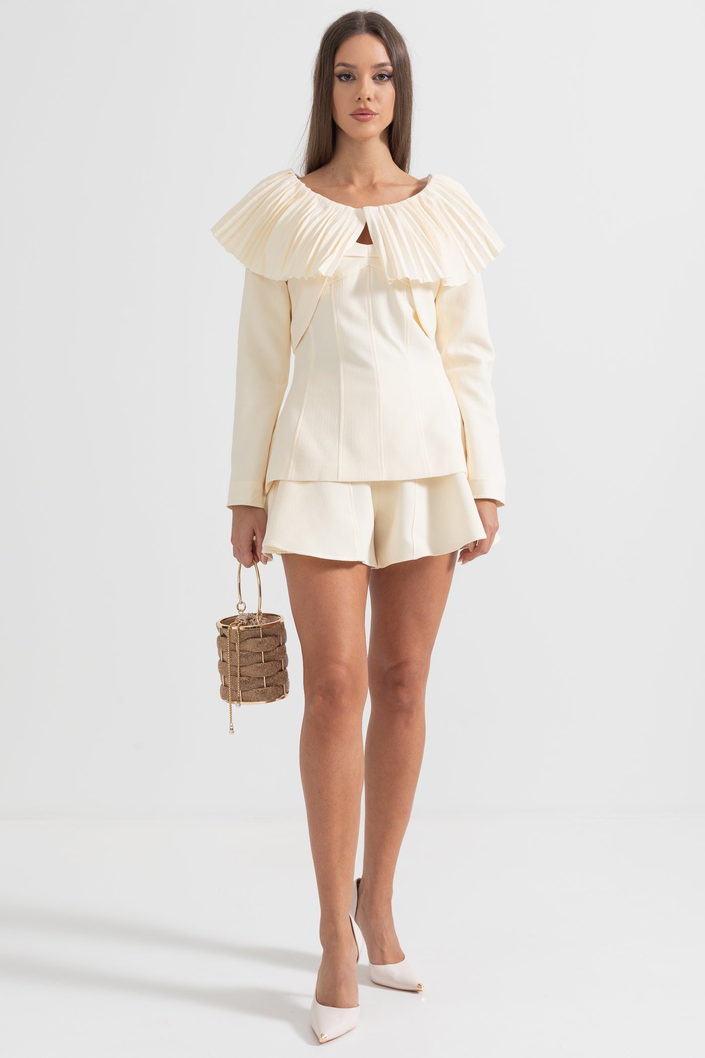 فستان أنيق مكون من 3 قطع مع ياقة وتنورة قابلة للفصل بطيات - Ivoire