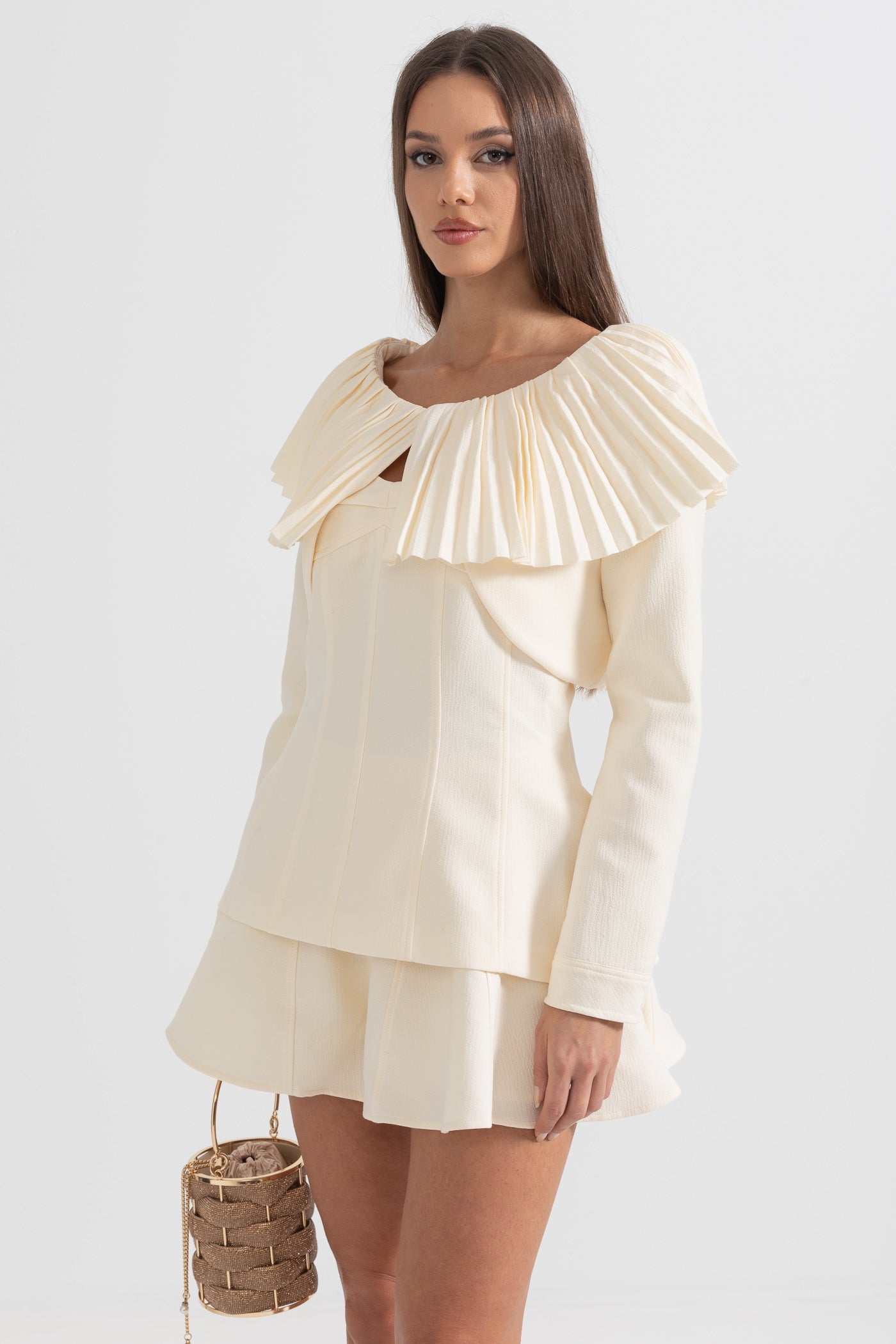 فستان أنيق مكون من 3 قطع مع ياقة وتنورة قابلة للفصل بطيات - Ivoire