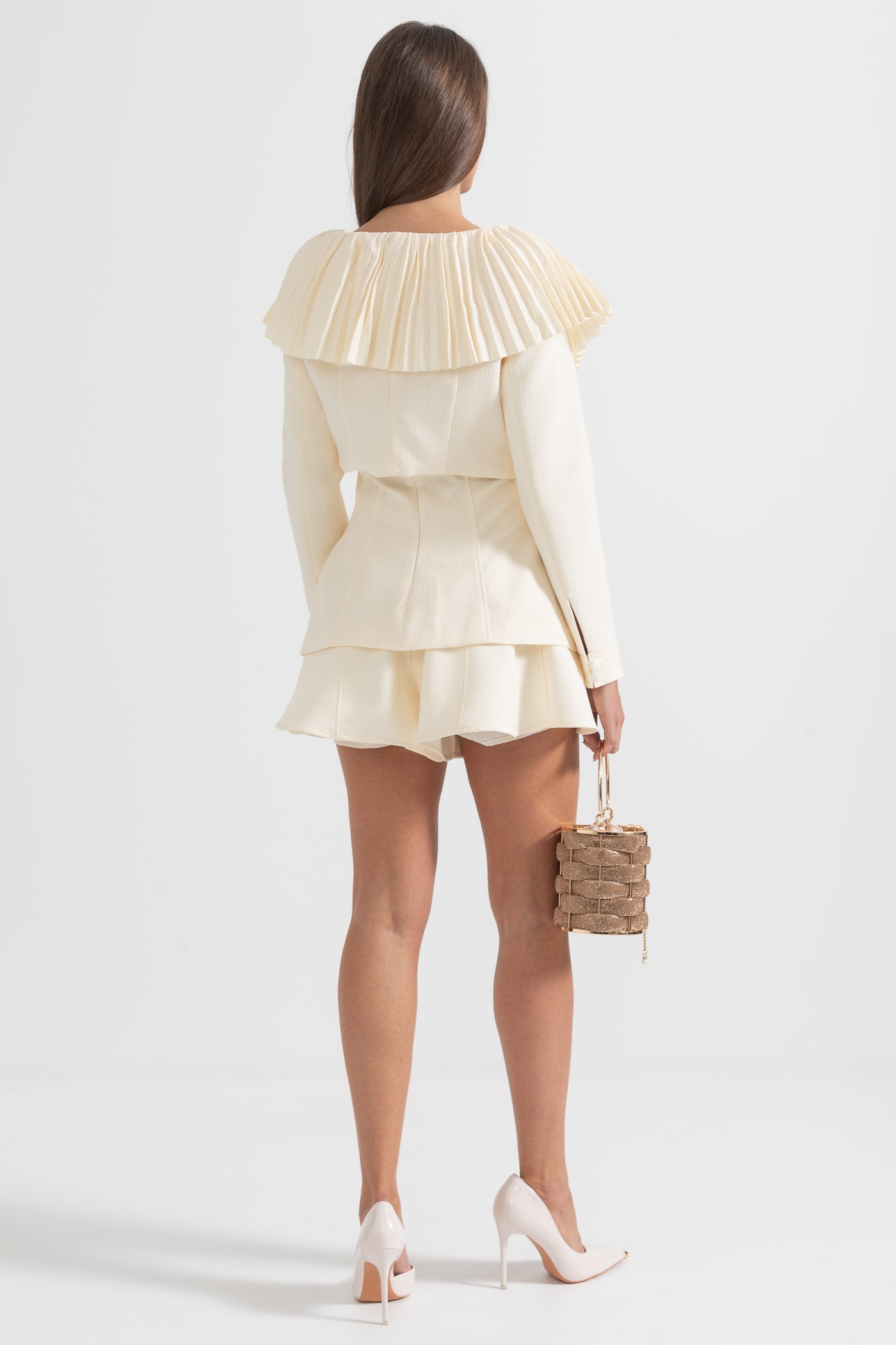 فستان أنيق مكون من 3 قطع مع ياقة وتنورة قابلة للفصل بطيات - Ivoire
