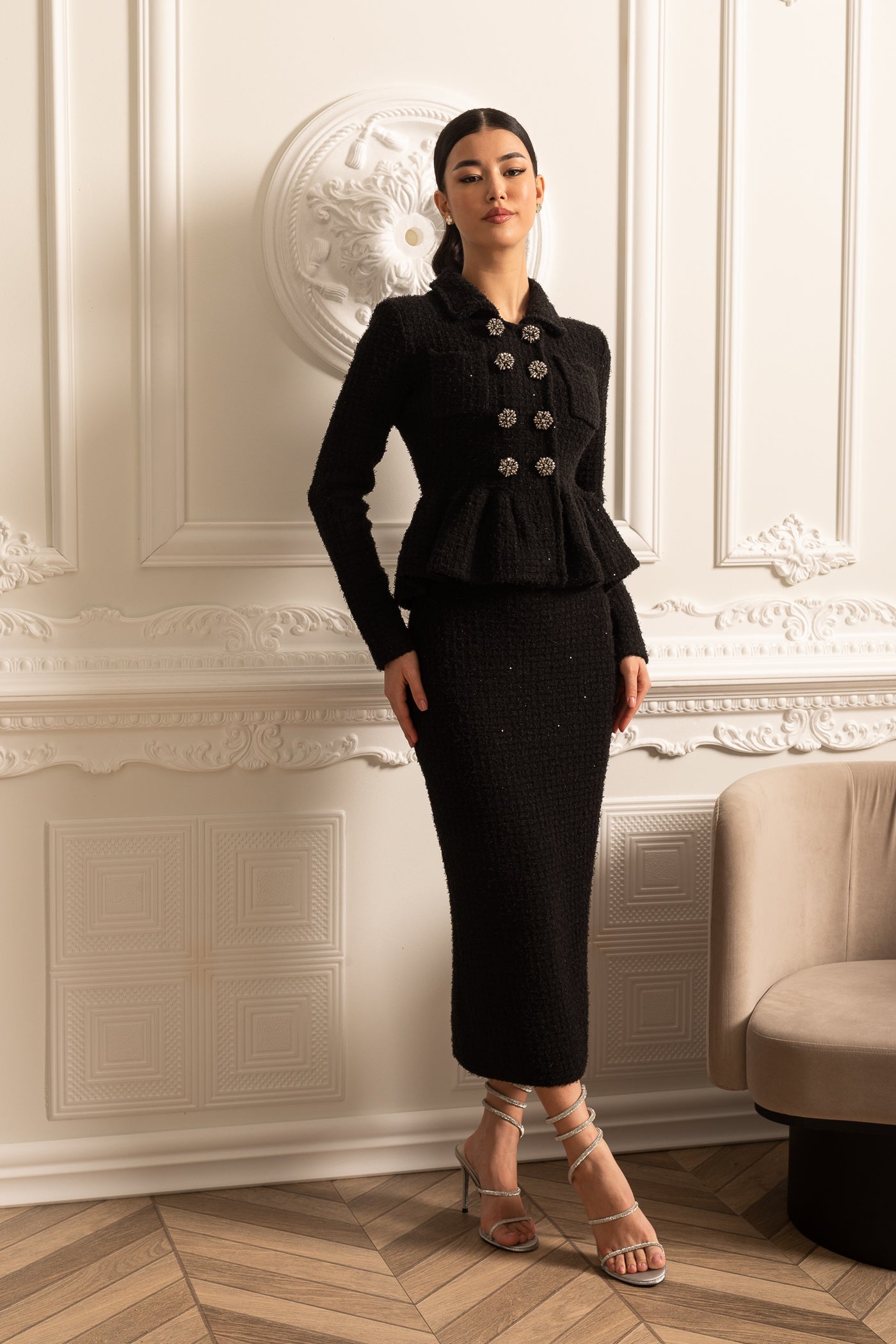 Knitted Textured Dress With Peplum Waist And Decorative Buttons - Black