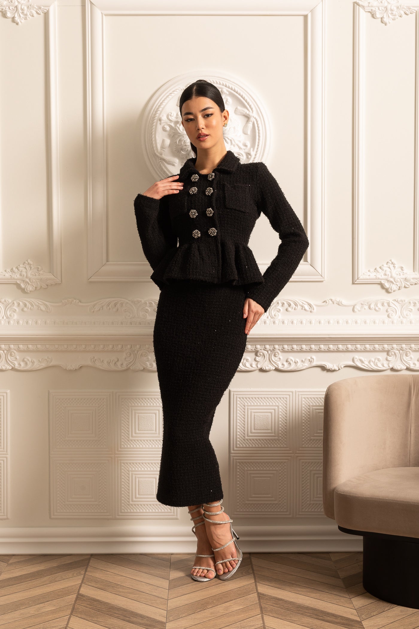 Knitted Textured Dress With Peplum Waist And Decorative Buttons - Black