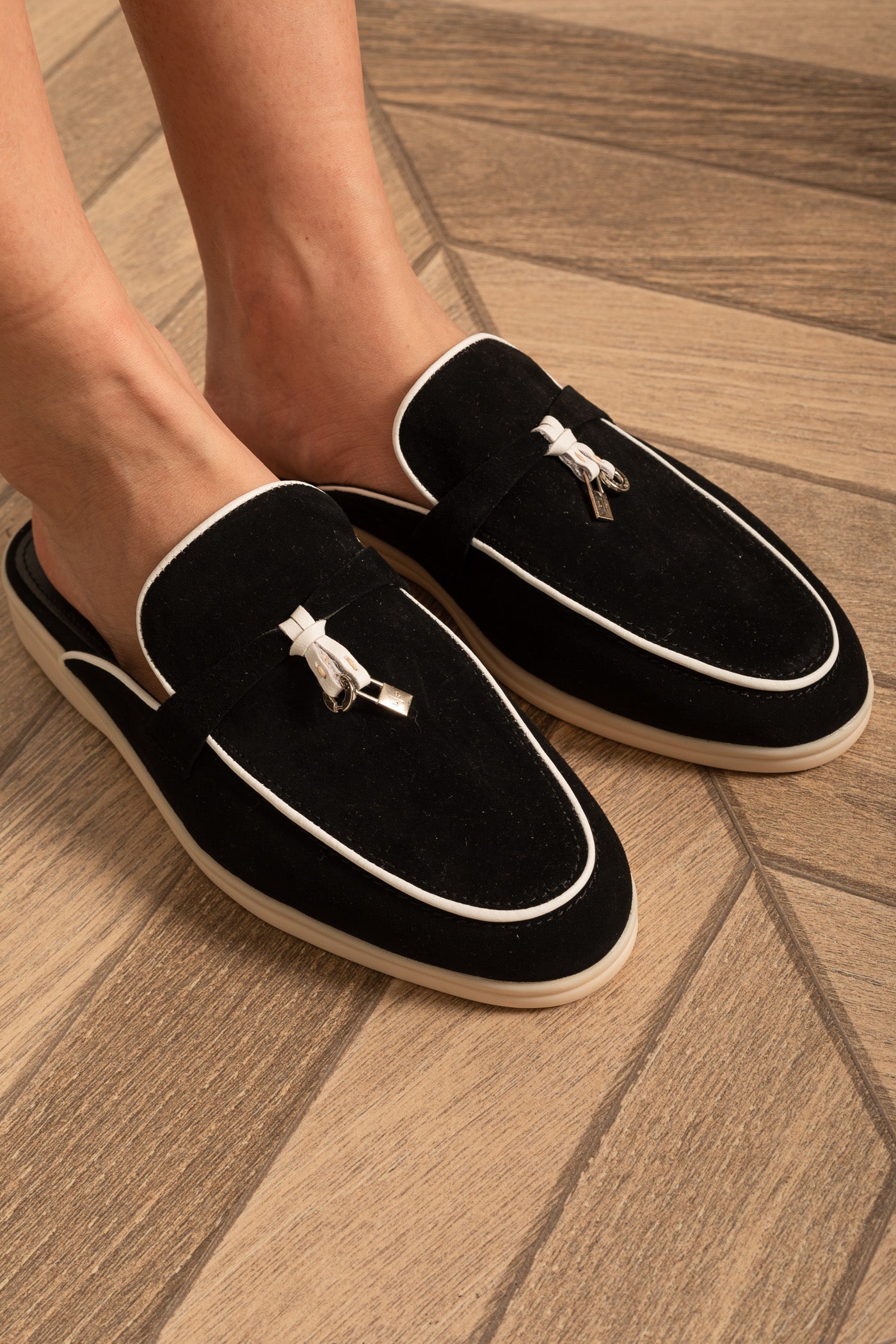 Suede Loafers With Contrasting Sole And Metal Charms - Black/White