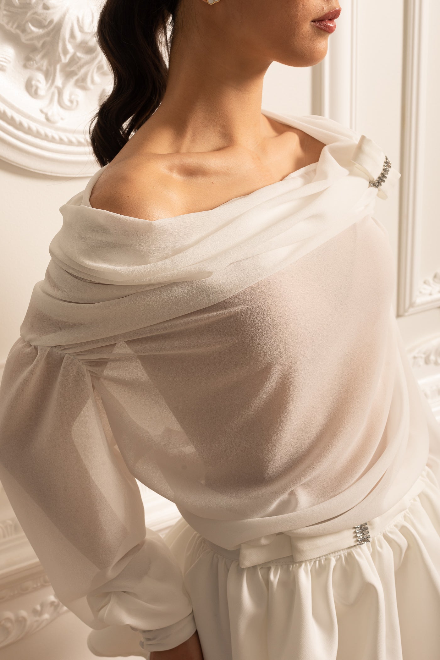 Sheer Off-Shoulder Co-Ord With Long Sleeves And Mini Skirt - White