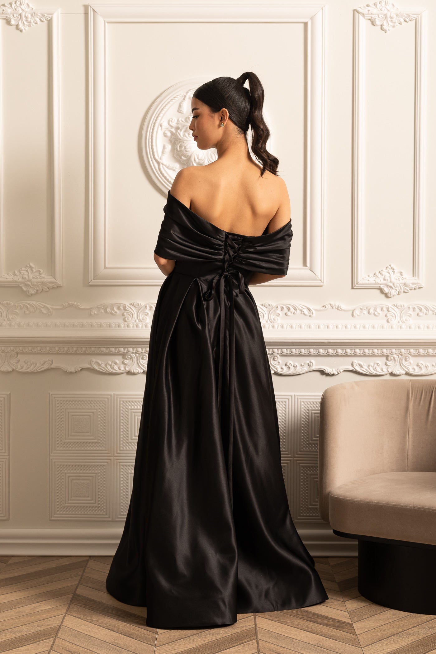 Off-Shoulder Satin Gown With Draping Skirt And Back Laces Closure - Black