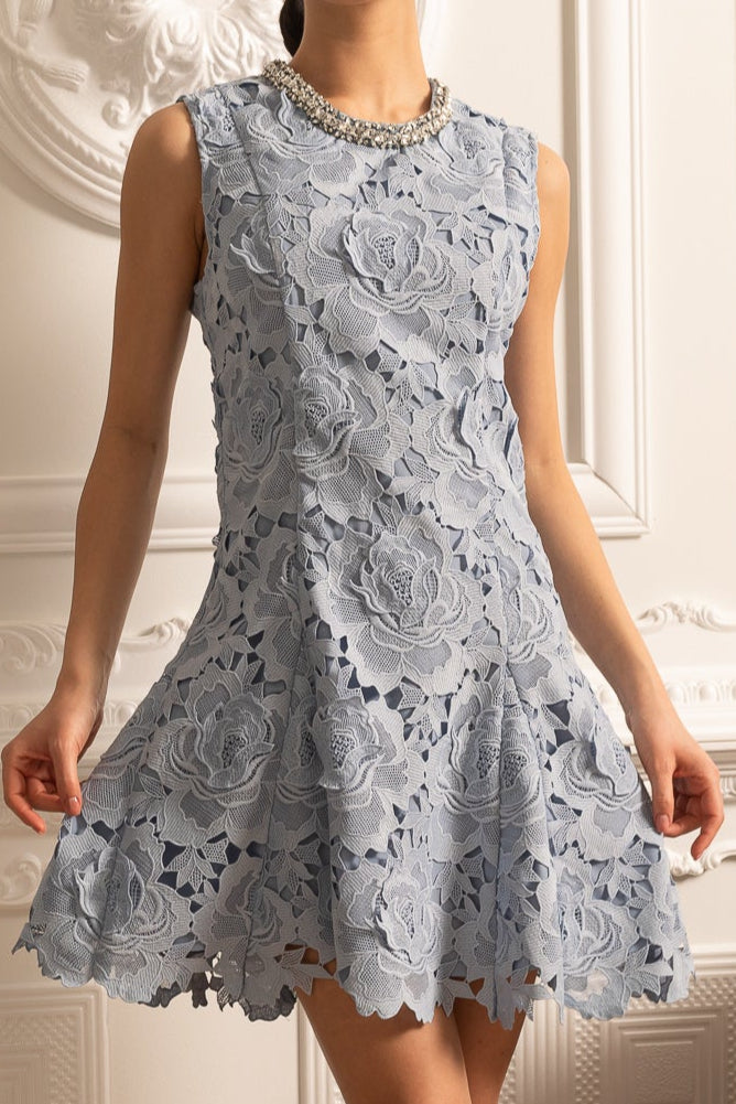 Floral Pattern Lace Mini Dress With Sparkling Neckline - Blue