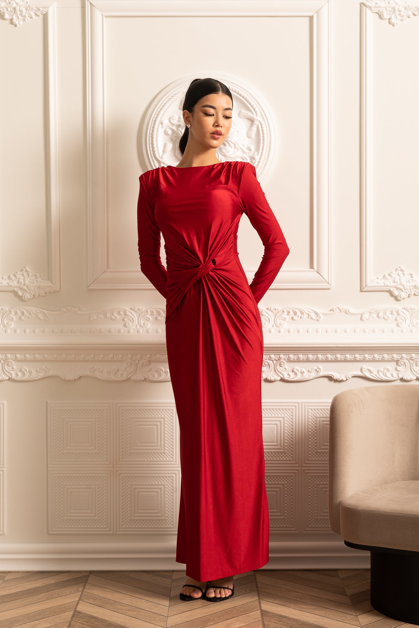 Satin Dress With Long Sleeves, Side Draping And Twisted Waist Detail - Red