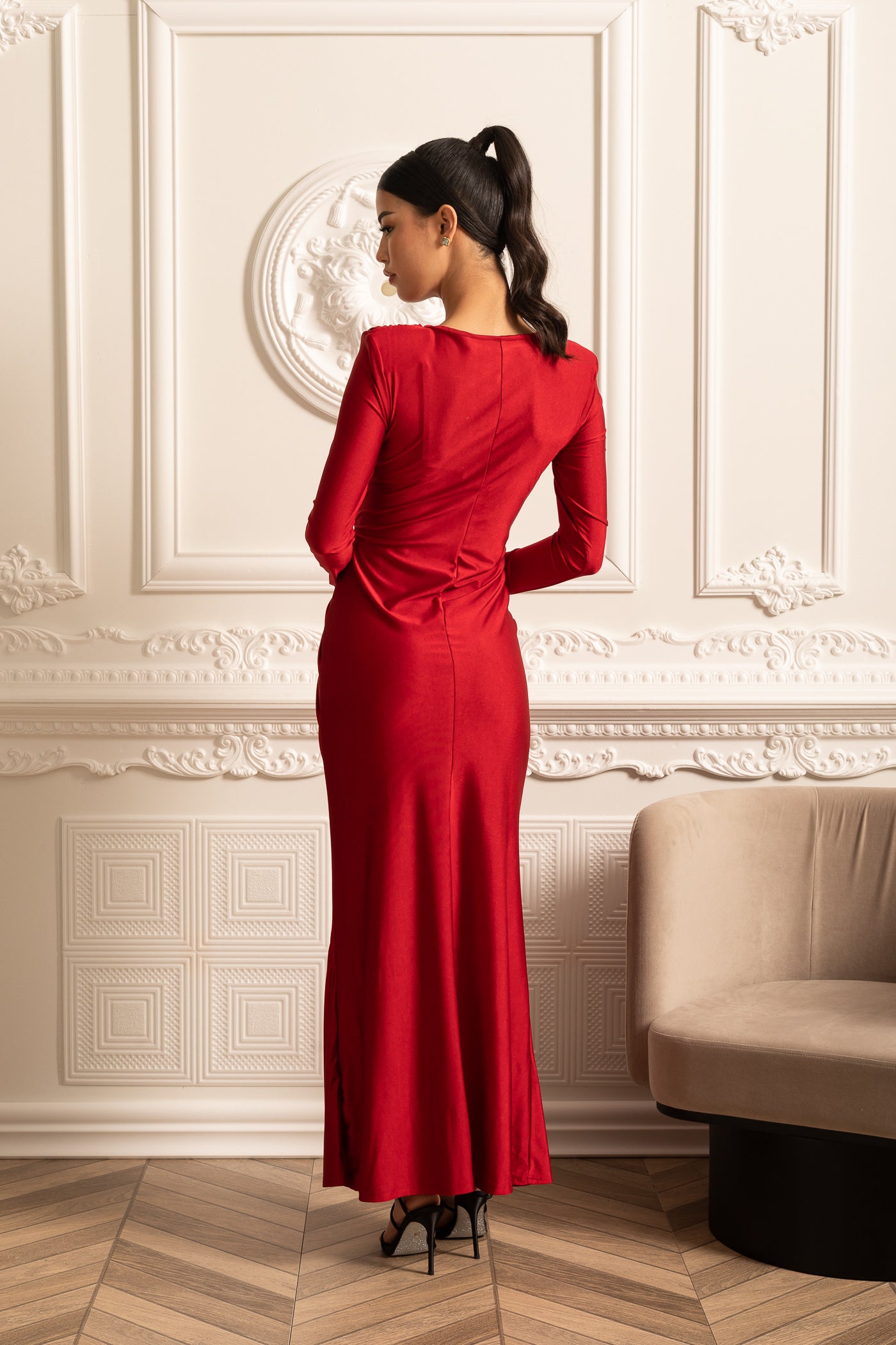 Satin Dress With Long Sleeves, Side Draping And Twisted Waist Detail - Red