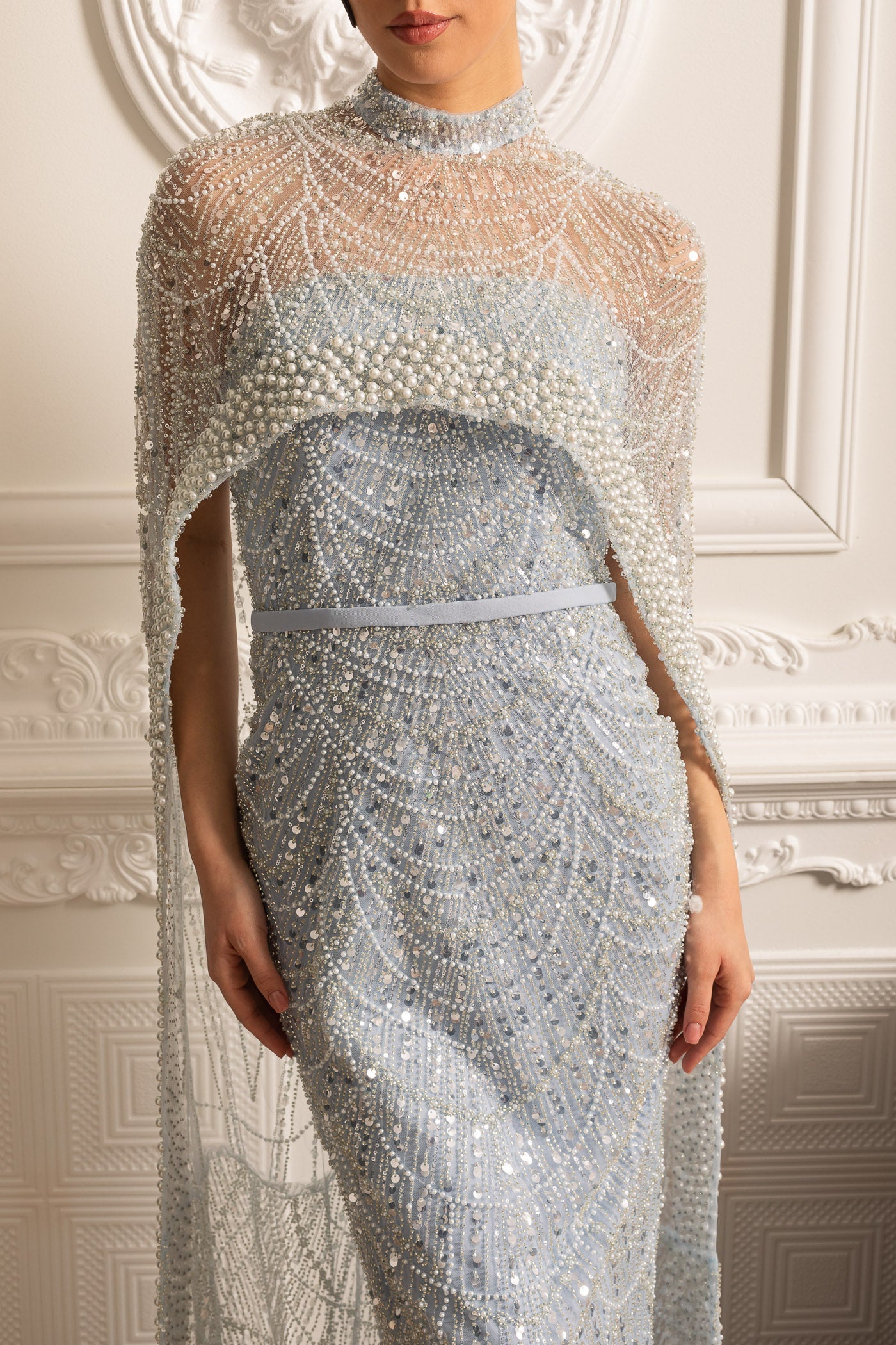 Glamourous Beaded Gown With Detachable Veil - Blue