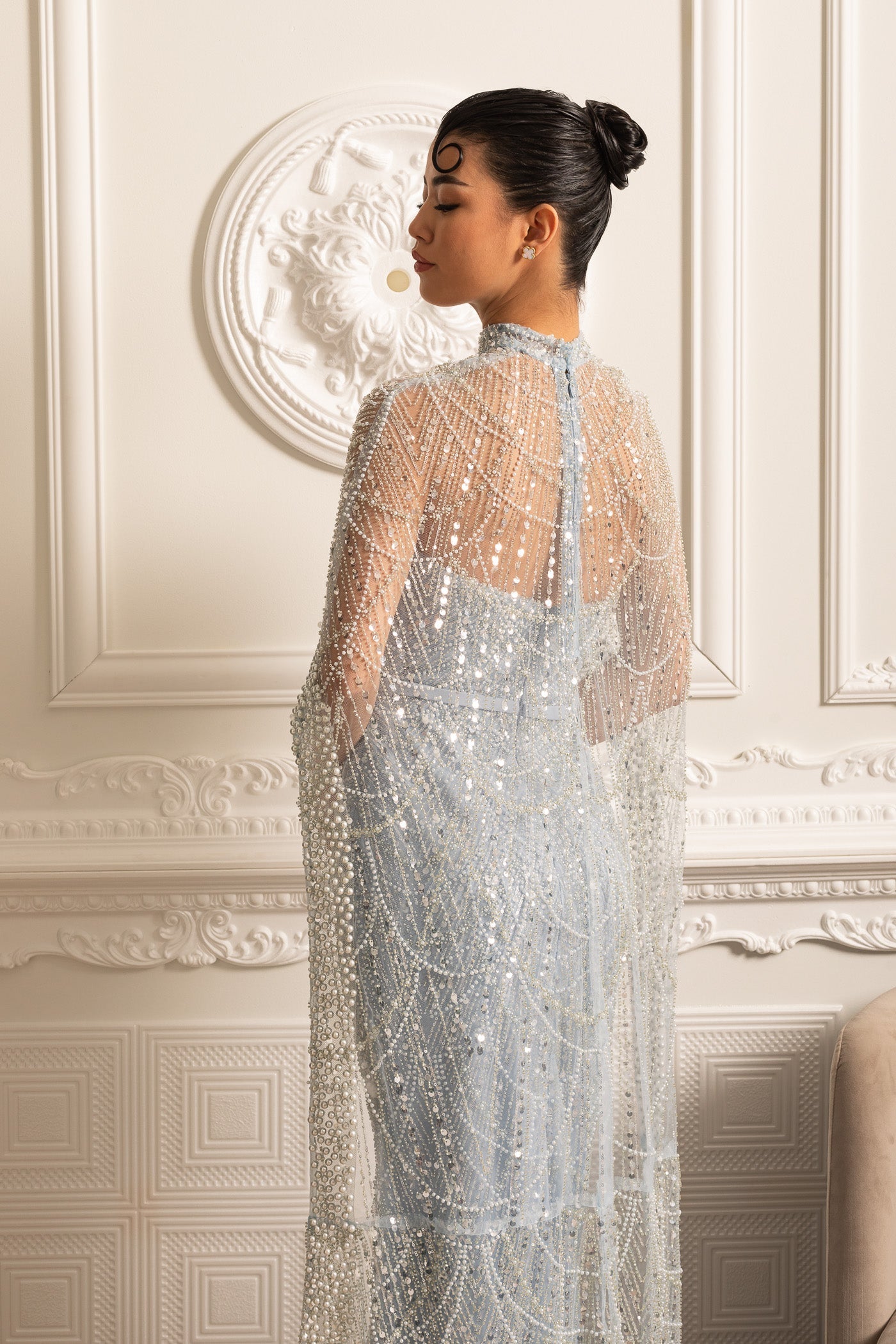 Glamourous Beaded Gown With Detachable Veil - Blue