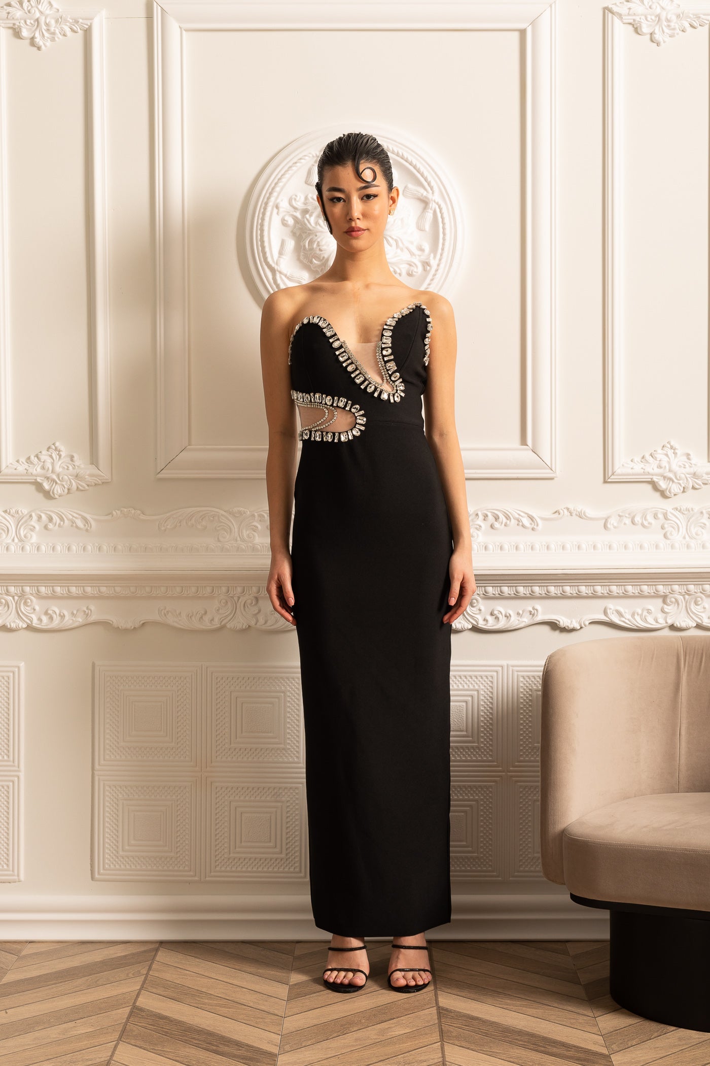 Elegant Fitted Dress With Front Cutouts And Sparkling Embellishments - Black