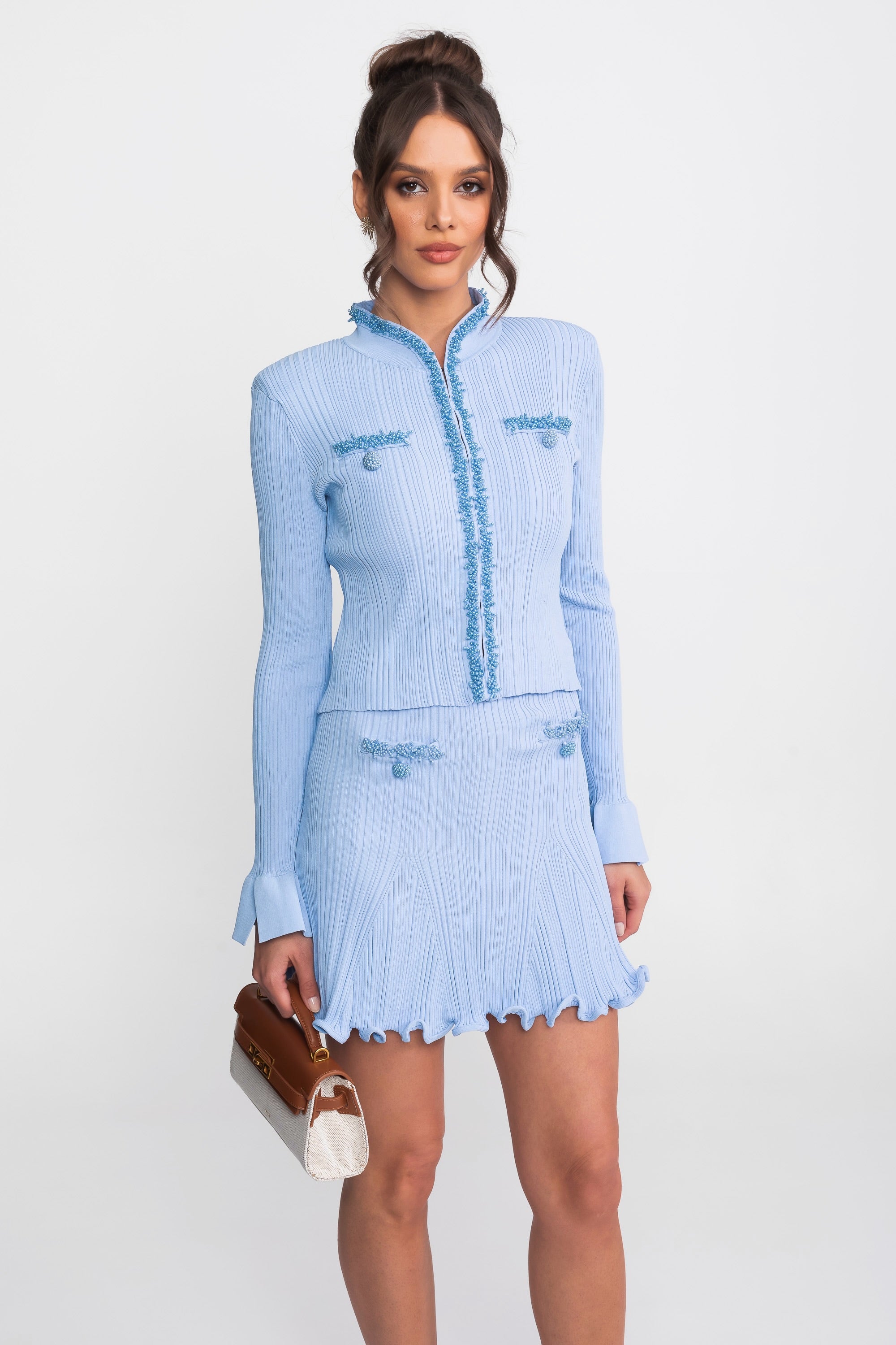 Ribbed Long Sleeve Set With Beaded Embellishments - Blue