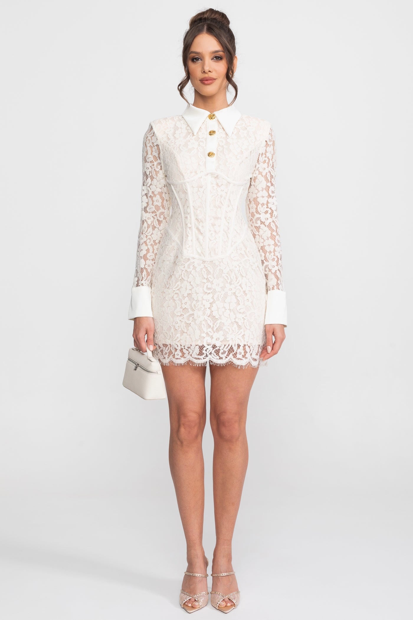 Long Sleeved Lace Mini Dress With Scallop Hem - Ivoire
