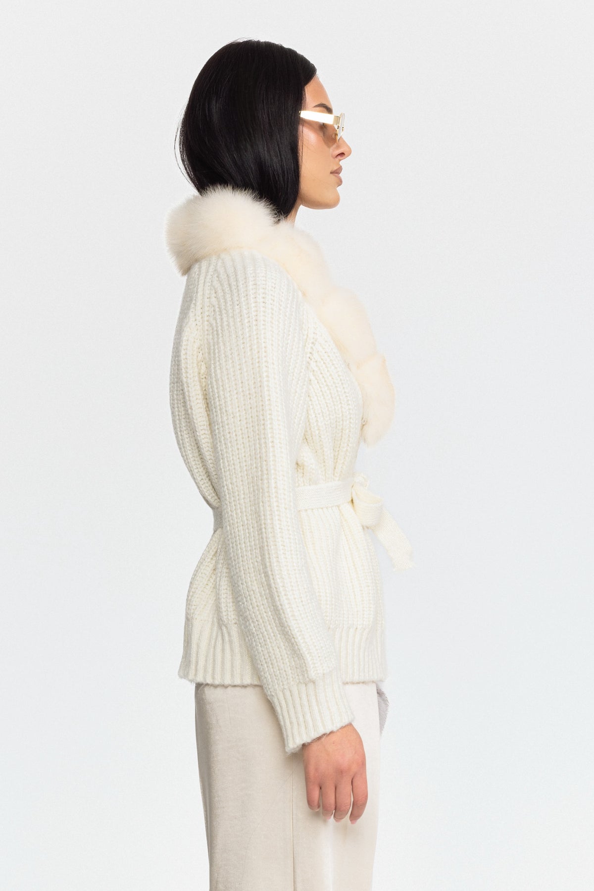 Fox Fur Collar Chunky Knit Belted Cardigan - Off-White