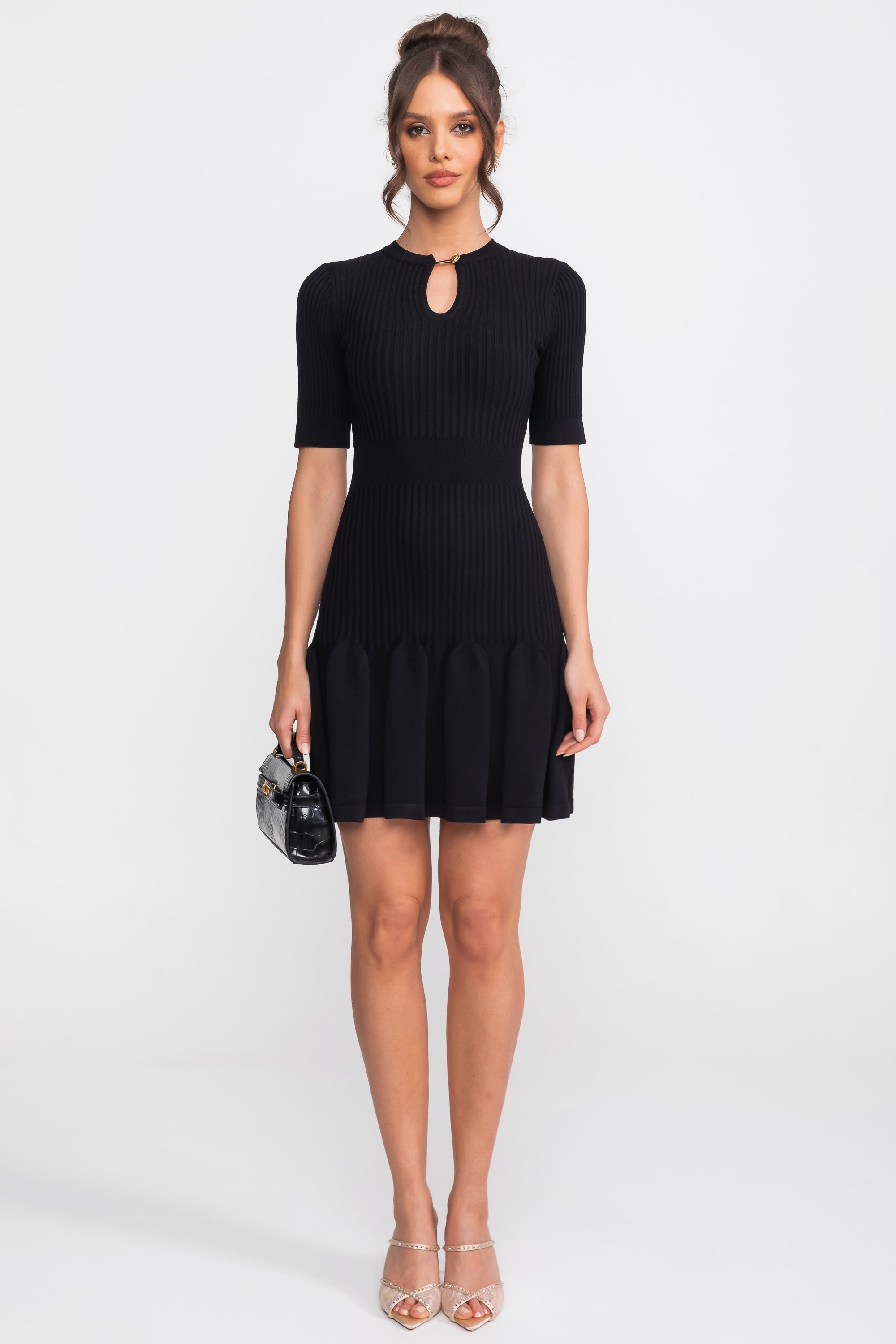 Ribbed Knit Mini Dress With Gold Button Keyhole Neckline - Black