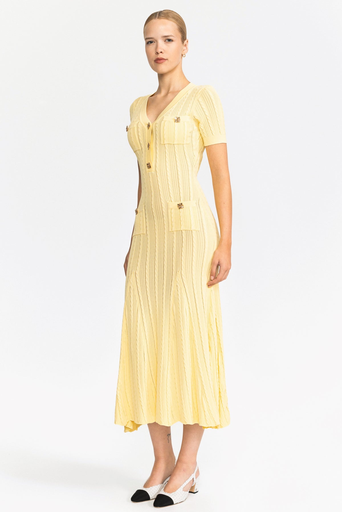 Cable Knit Jewel-Button Midi Dress - Yellow