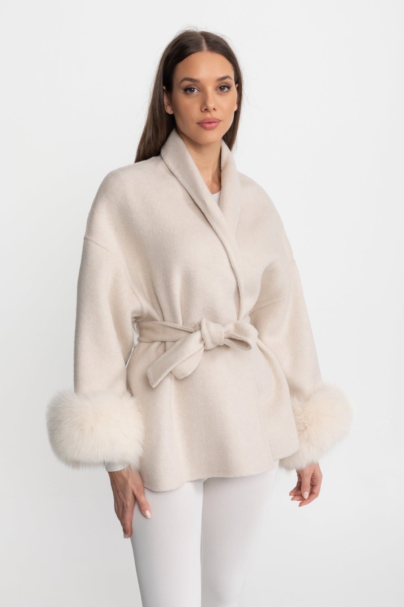 Wool Blend Wrap Jacket with Fox Fur Cuffs – Cream