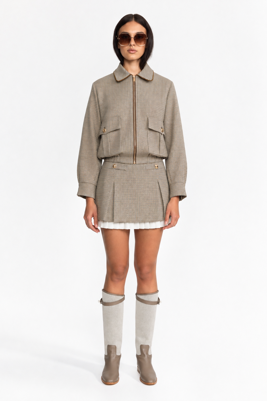 Houndstooth Bomber Jacket and Pleated Mini Skirt Set - Beige